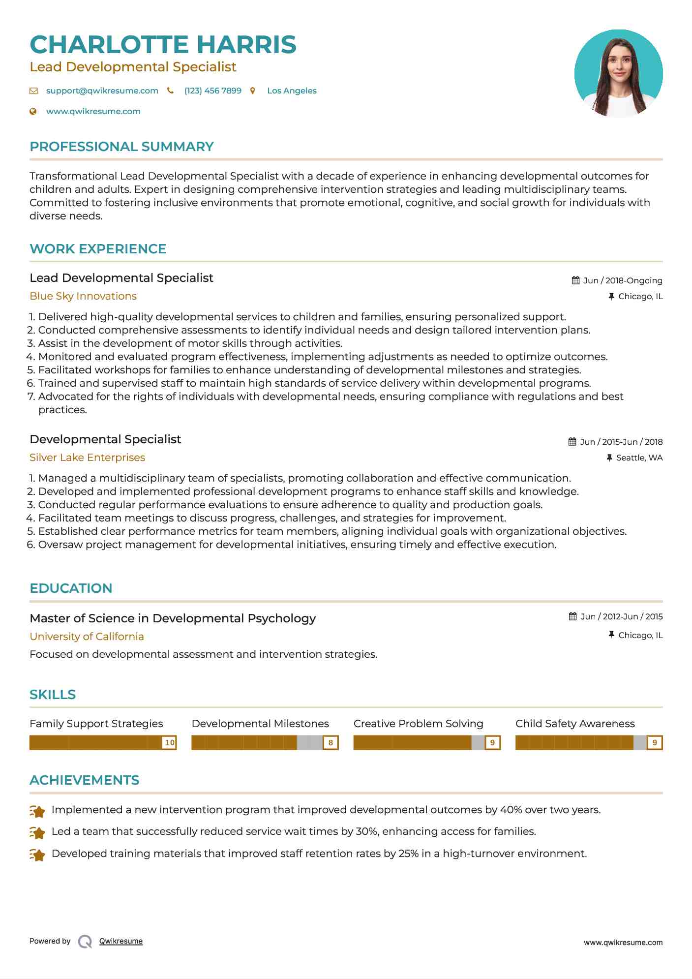 Lead Developmental Specialist Resume Template