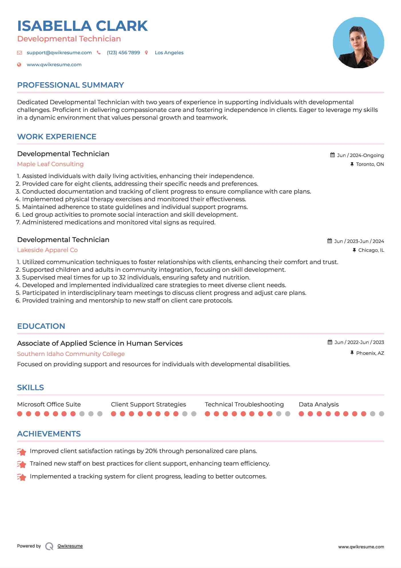 Developmental Technician Resume Sample