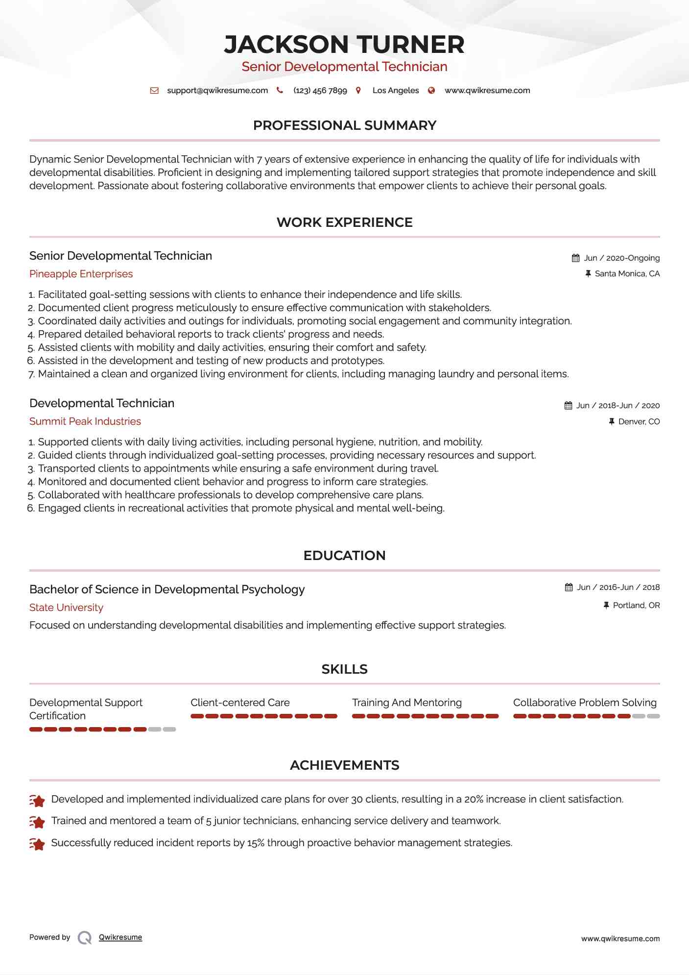 Senior Developmental Technician Resume Model