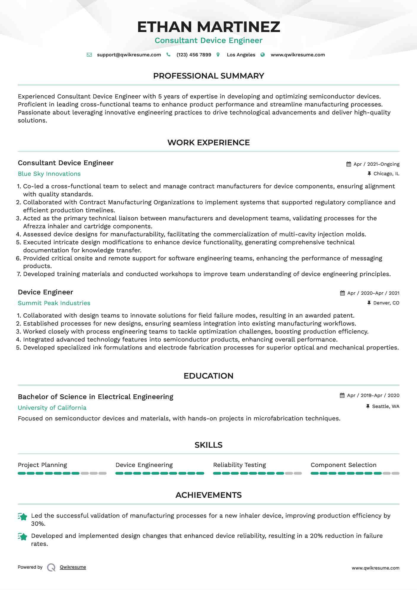 Consultant Device Engineer Resume Format