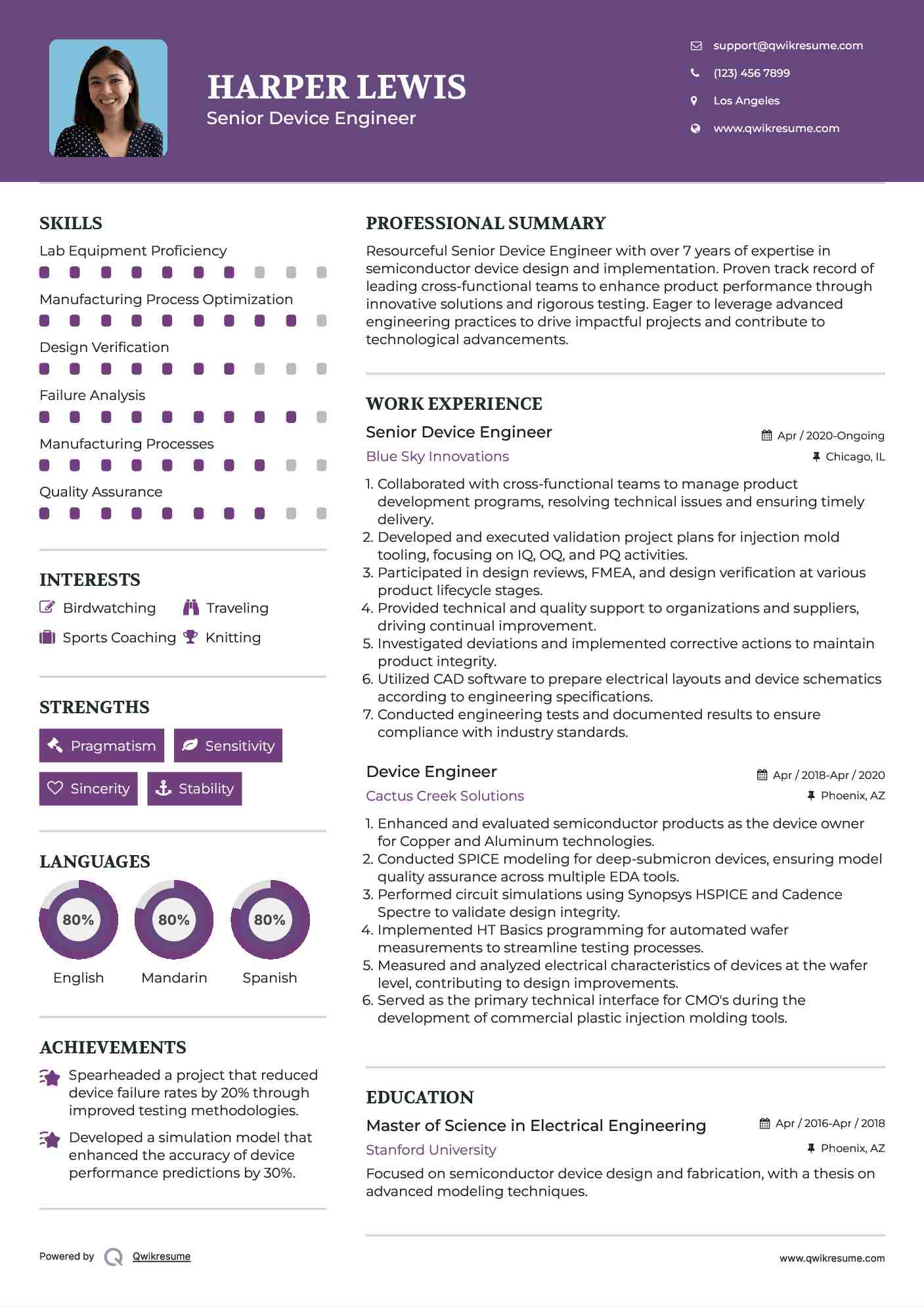 Senior Device Engineer Resume Sample