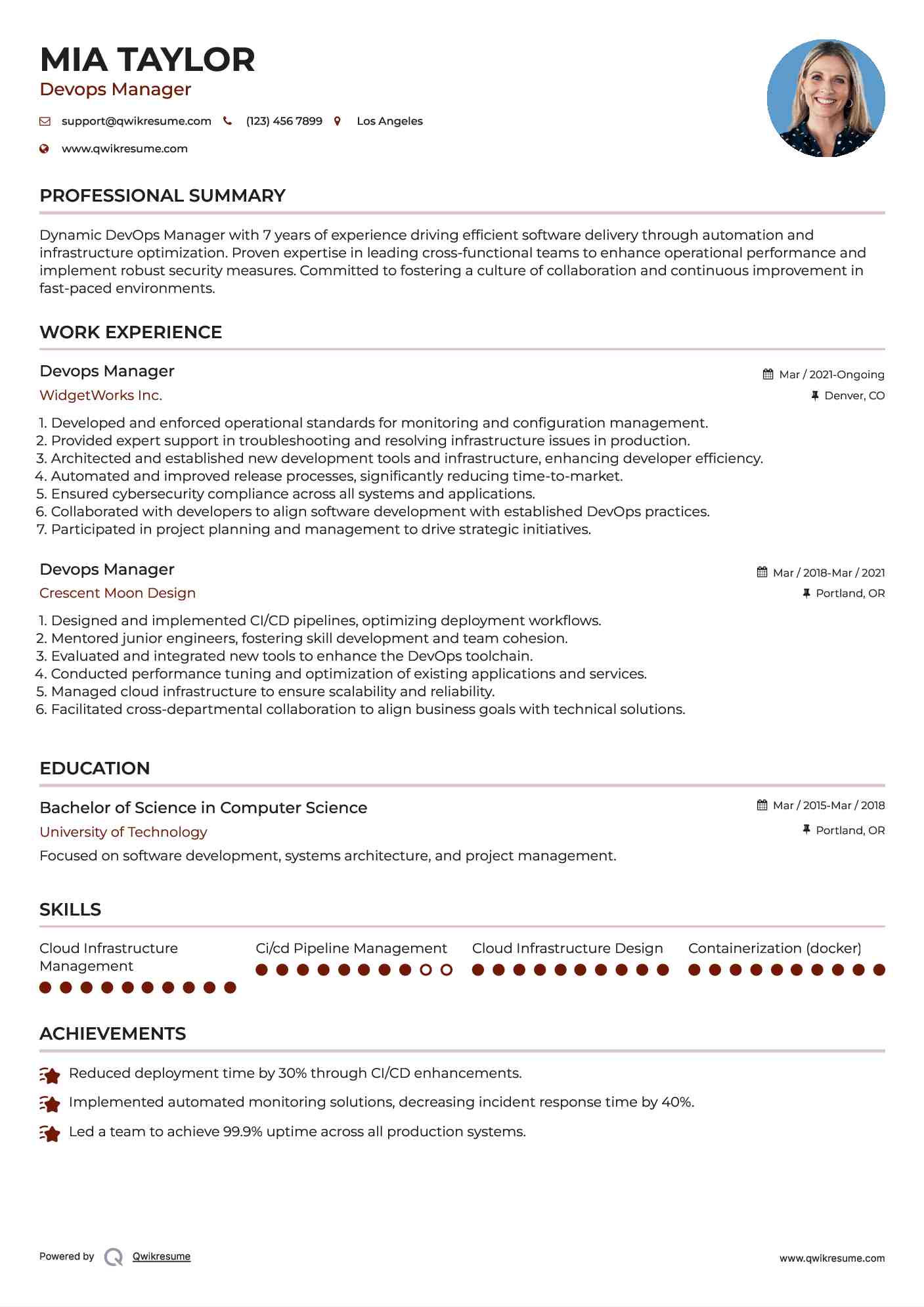 Devops Manager Resume Example