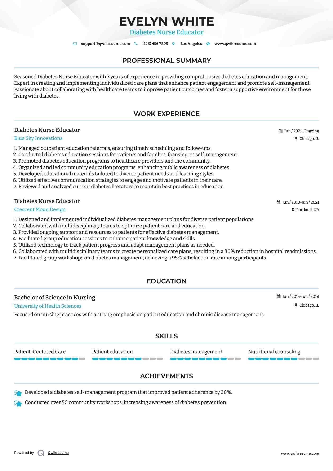 Diabetes Nurse Educator Resume Sample
