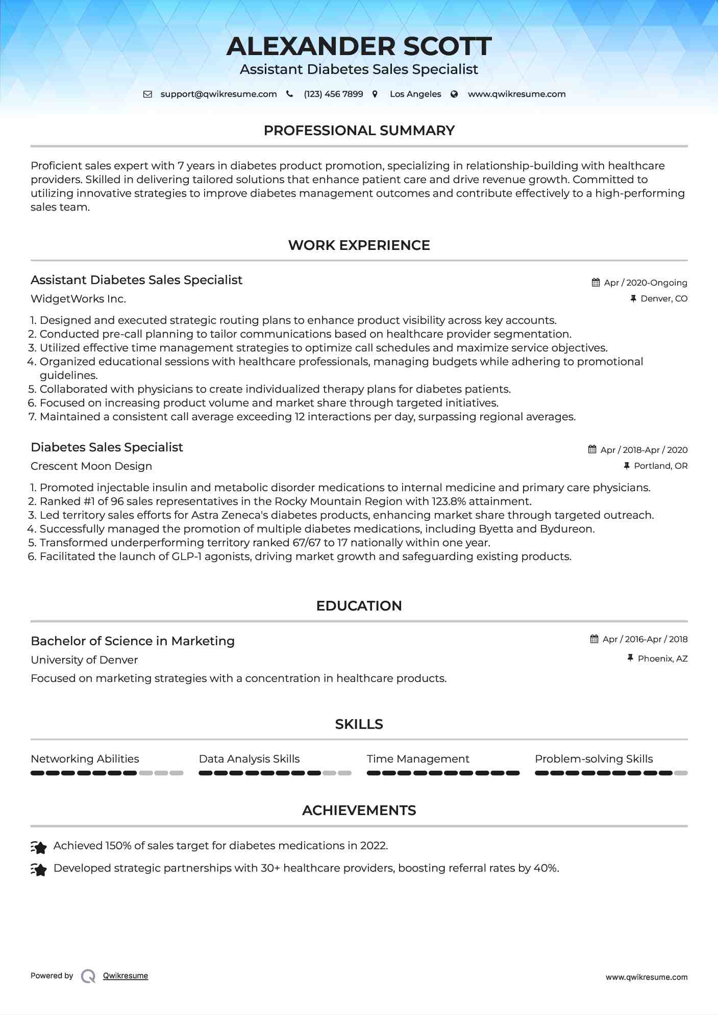 Assistant Diabetes Sales Specialist Resume Sample