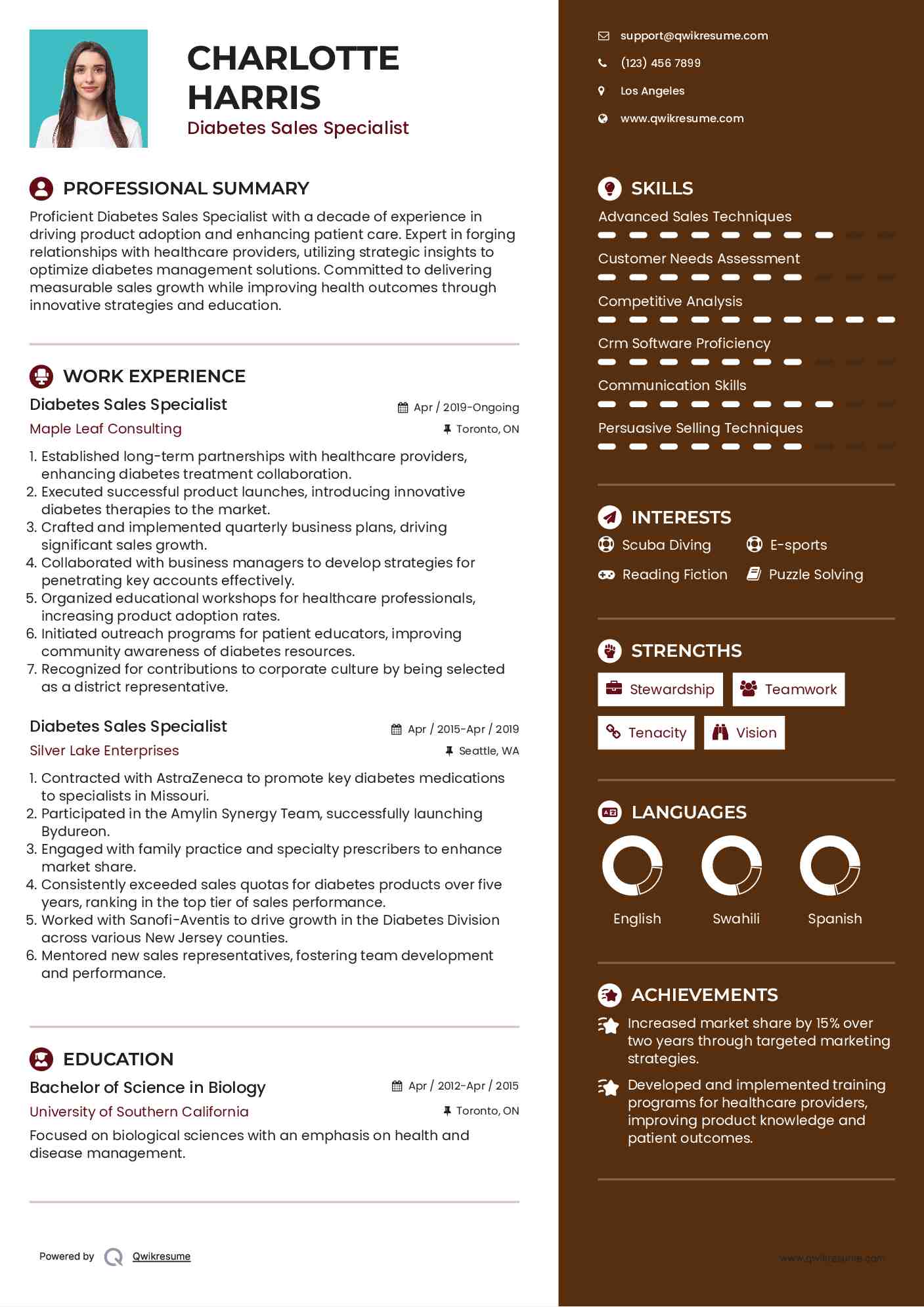 Diabetes Sales Specialist Resume Model