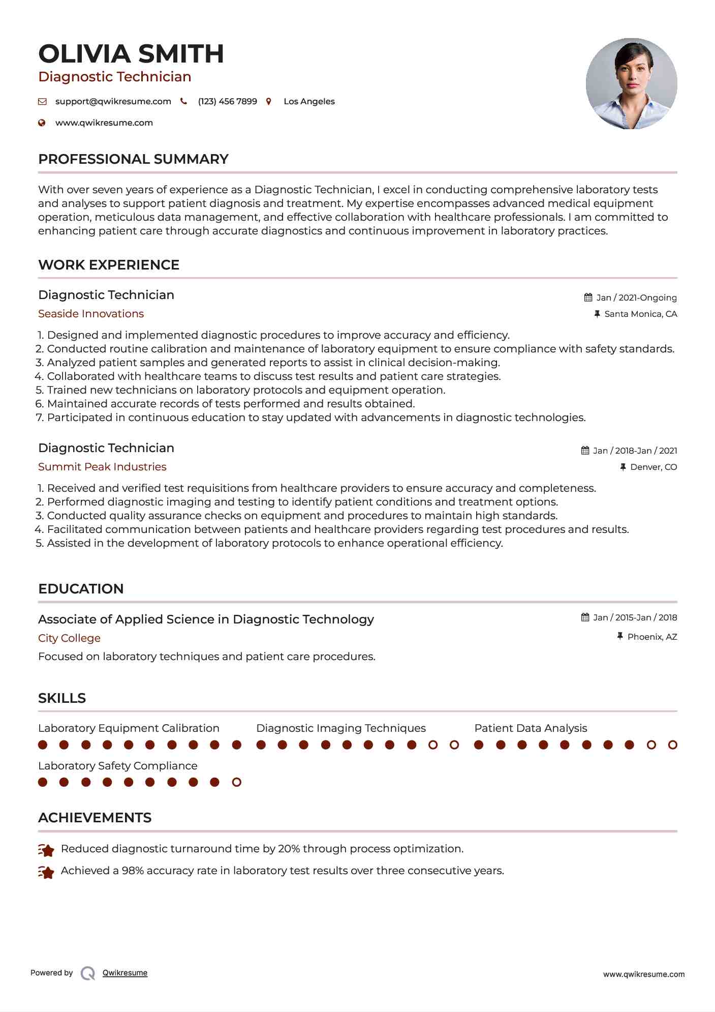 Diagnostic Technician Resume Model