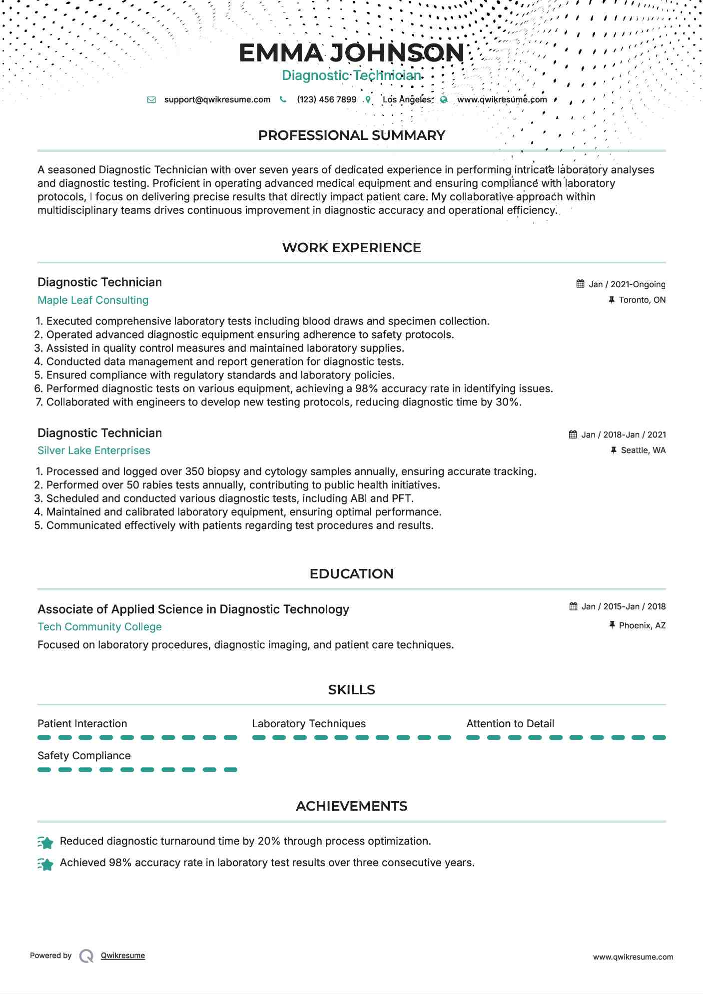 Diagnostic Technician Resume Format
