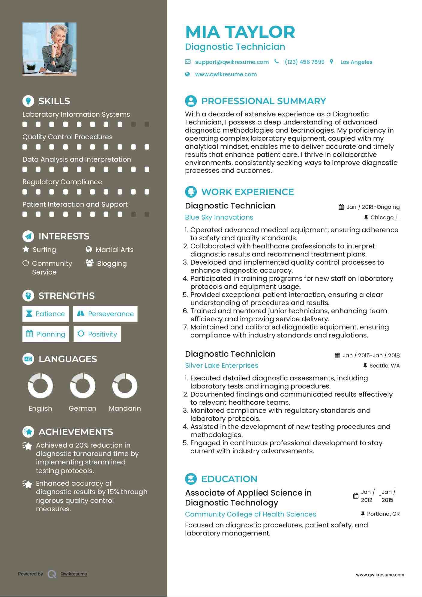 Diagnostic Technician Resume Sample