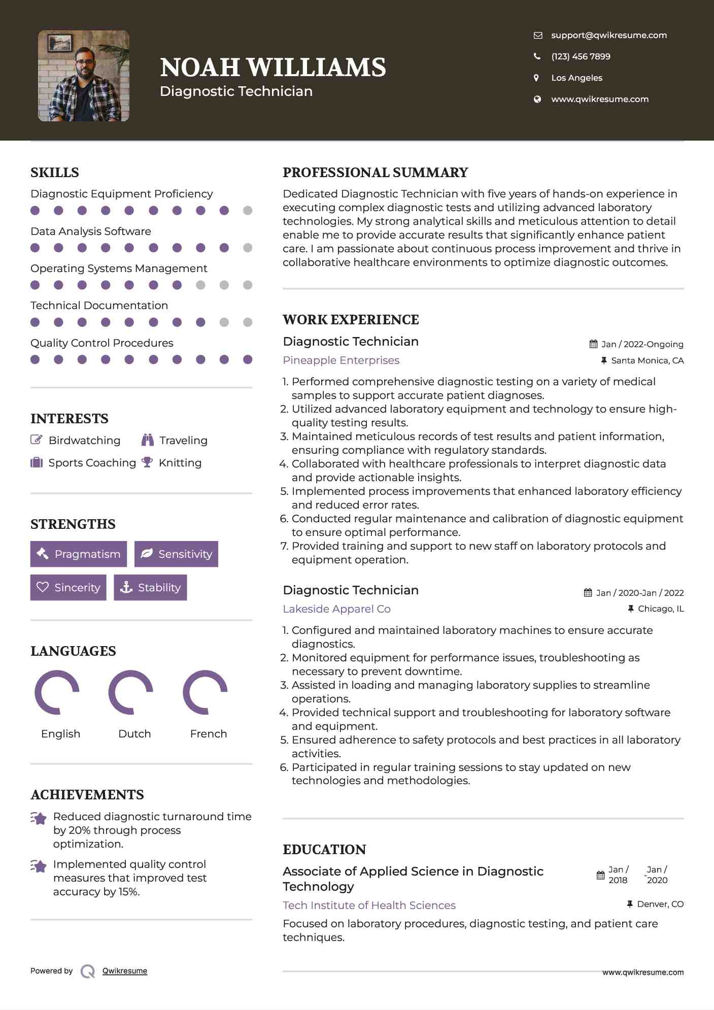 Diagnostic Technician Resume Model