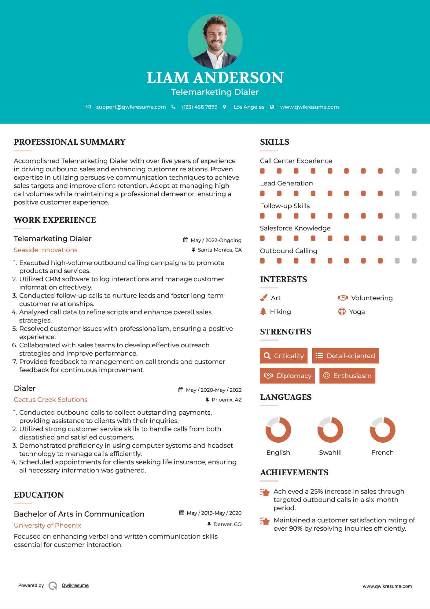Telemarketing Dialer Resume Format