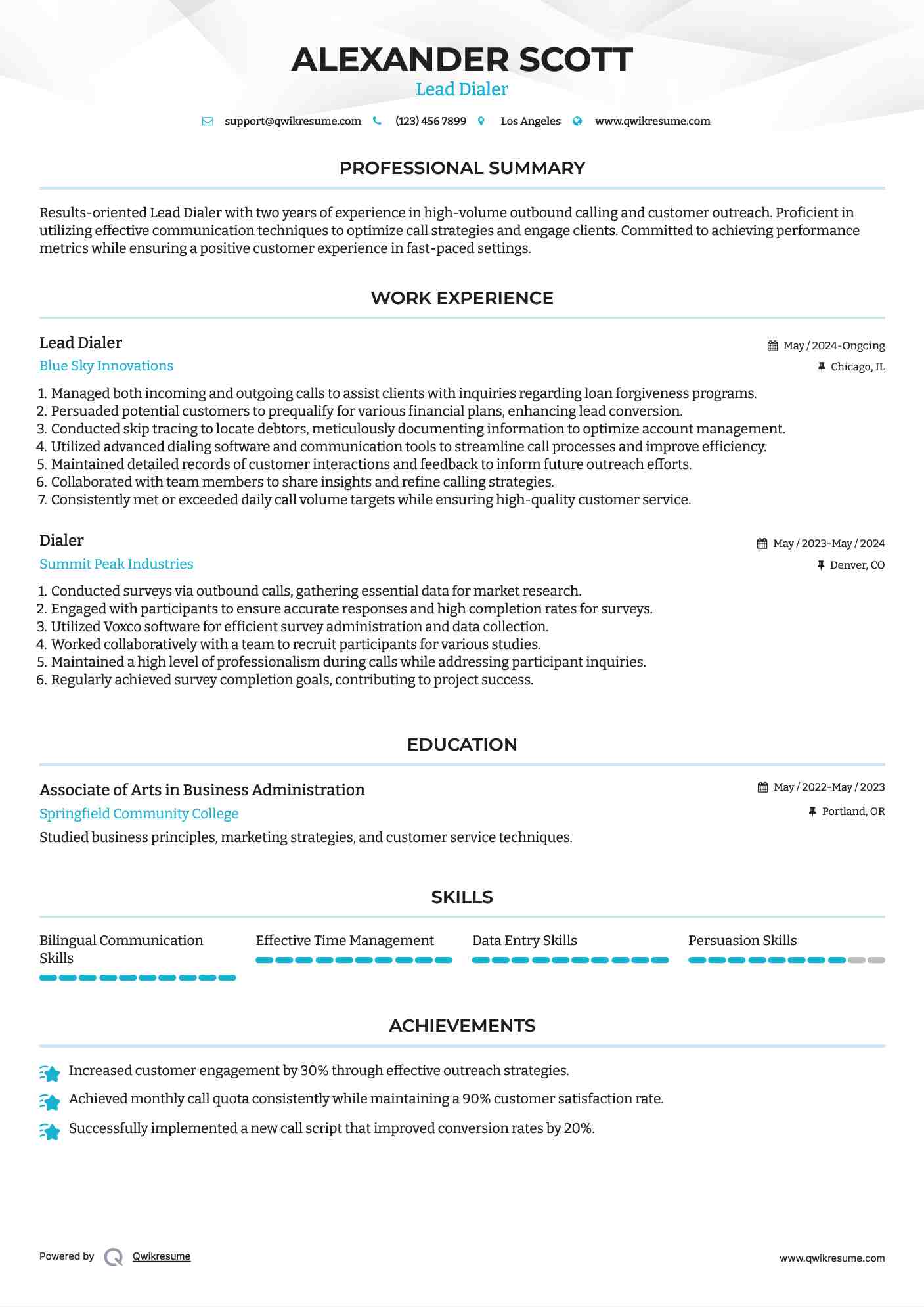 Lead Dialer Resume Model