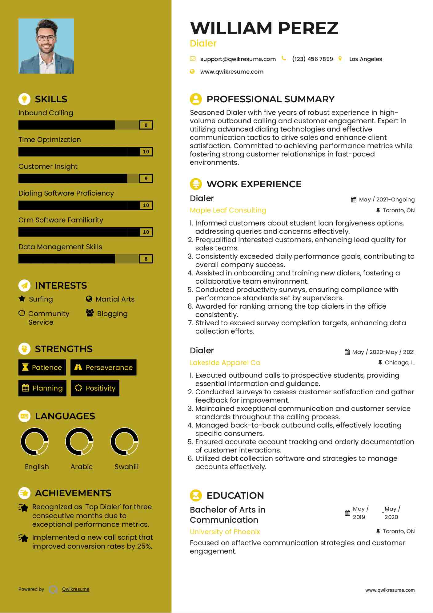 Dialer Resume Sample