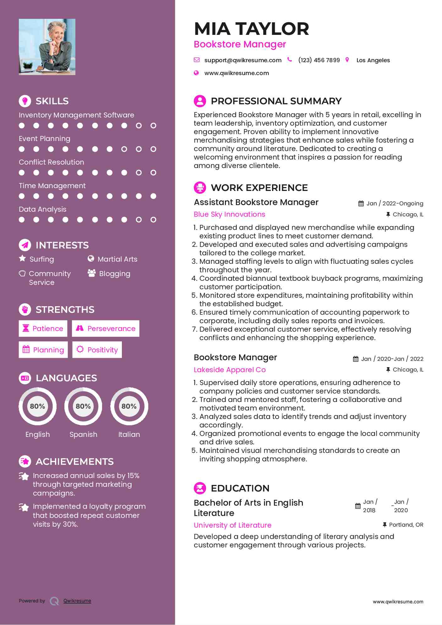 Assistant Bookstore Manager Resume Sample