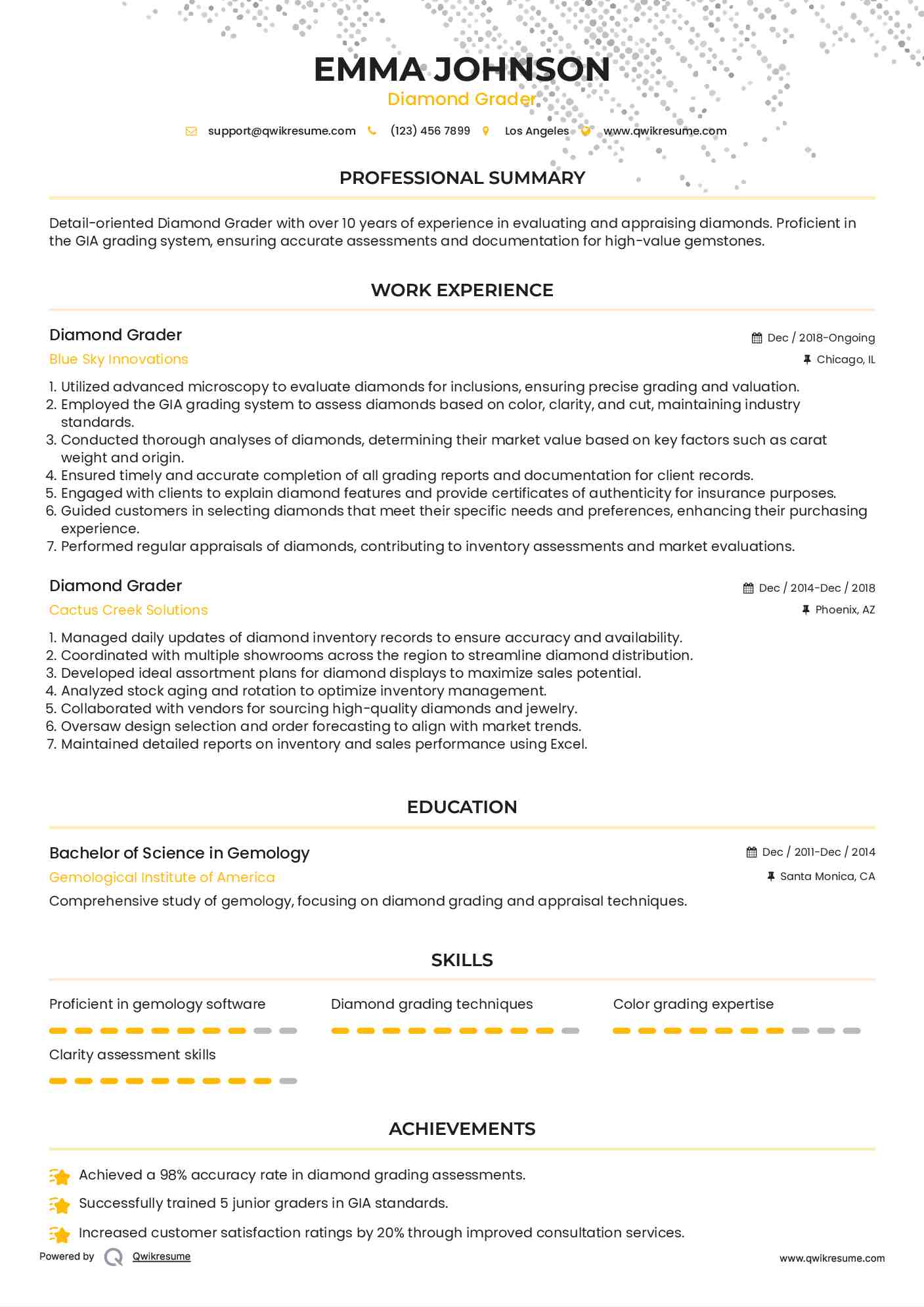 Diamond Grader Resume Model