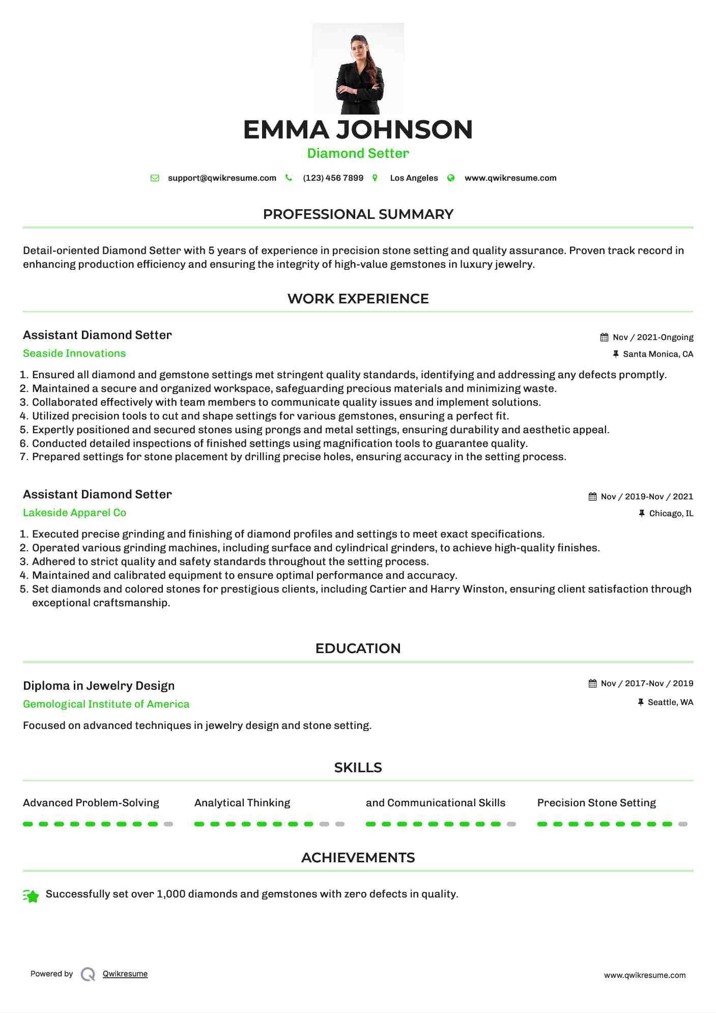 Assistant Diamond Setter Resume Example