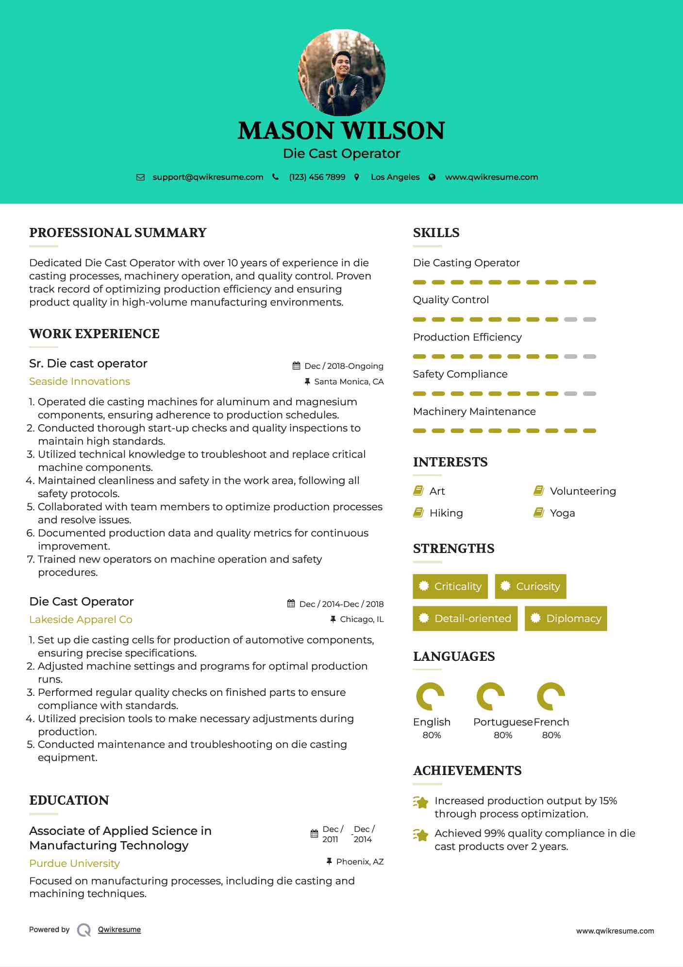 Sr. Die cast operator Resume Template