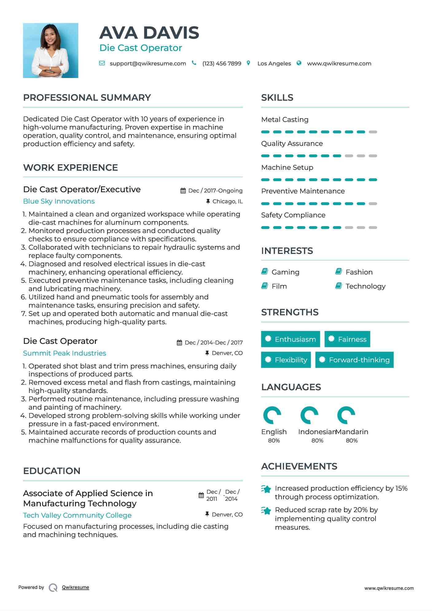 Die Cast Operator/Executive Resume Model