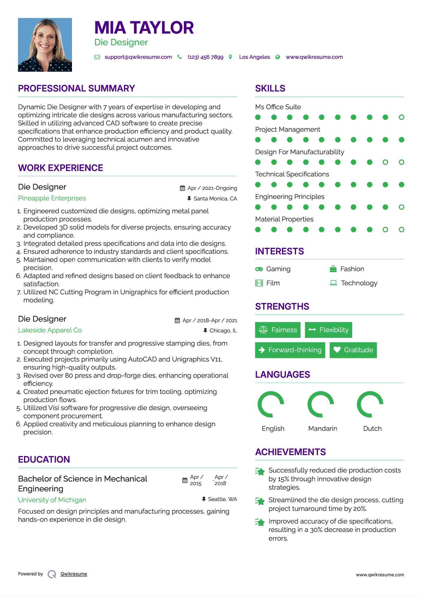 Die Designer Resume Example