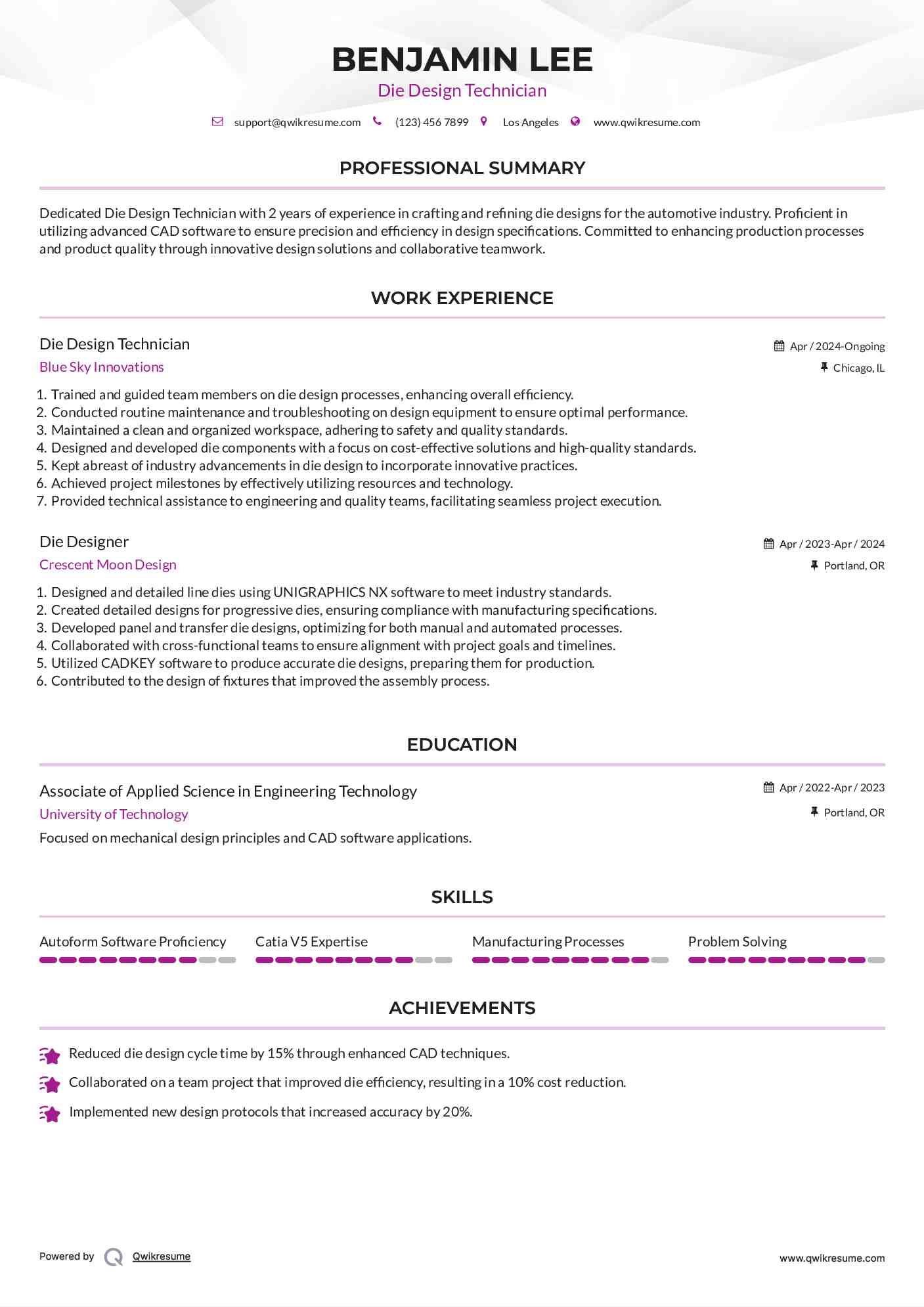 Die Design Technician Resume Example