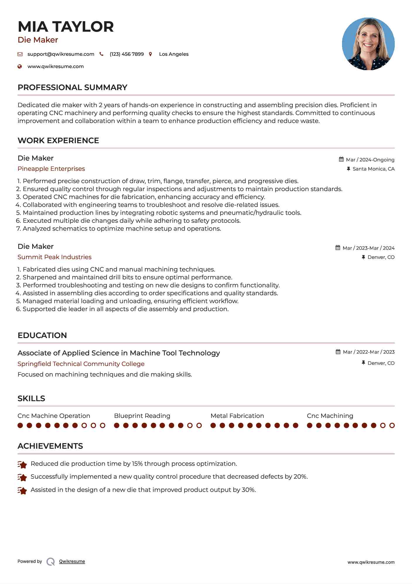 Die Maker Resume Format