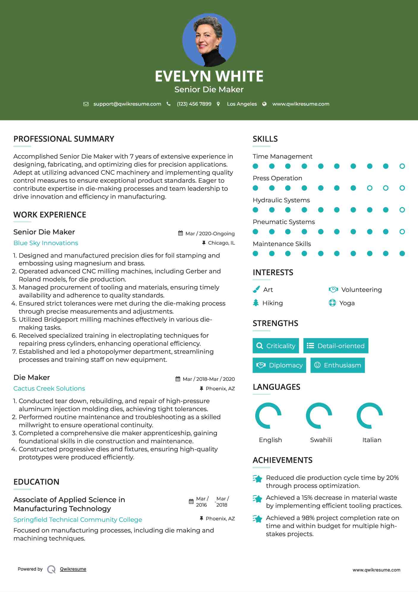 Senior Die Maker Resume Example