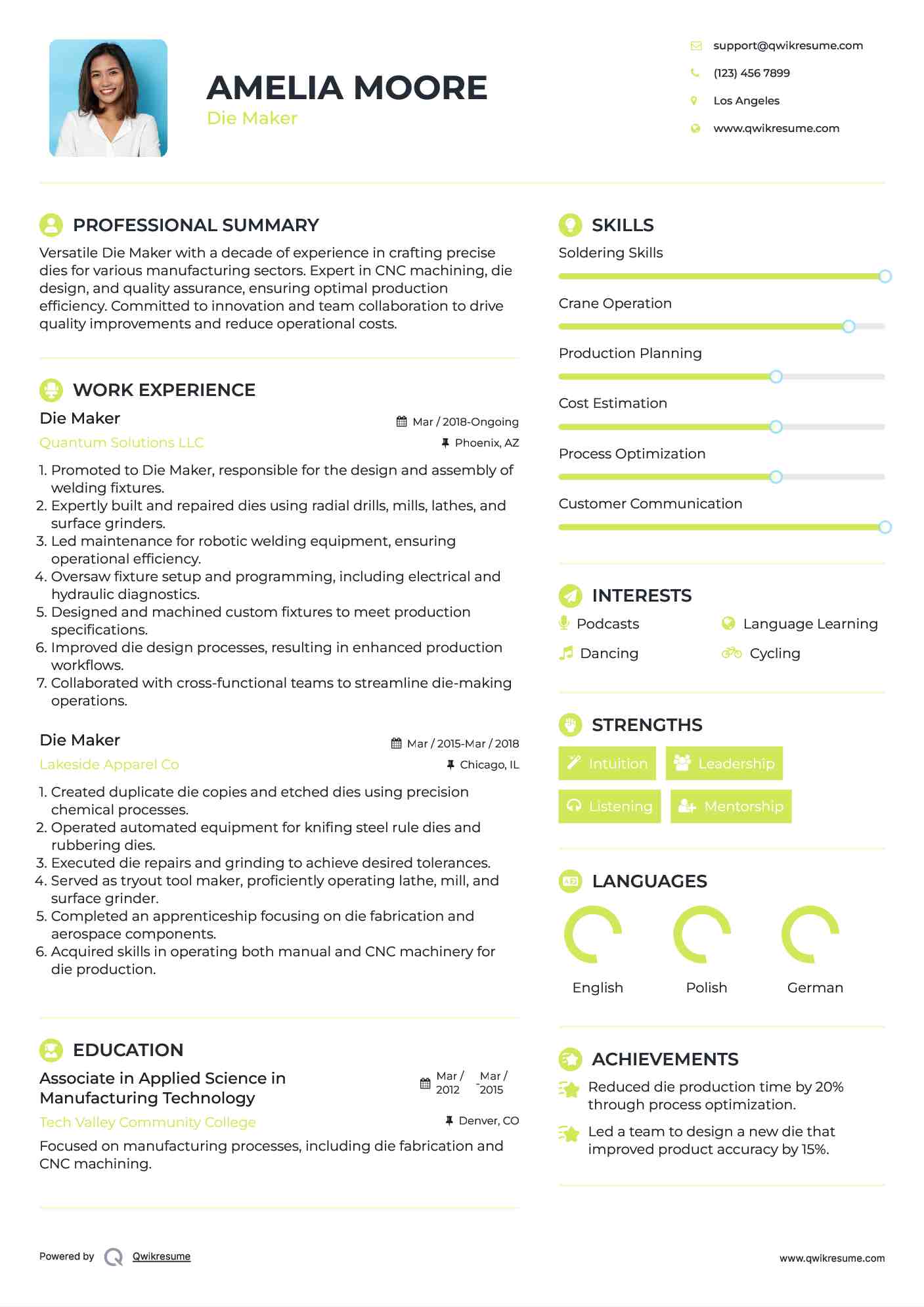 Die Maker Resume Model