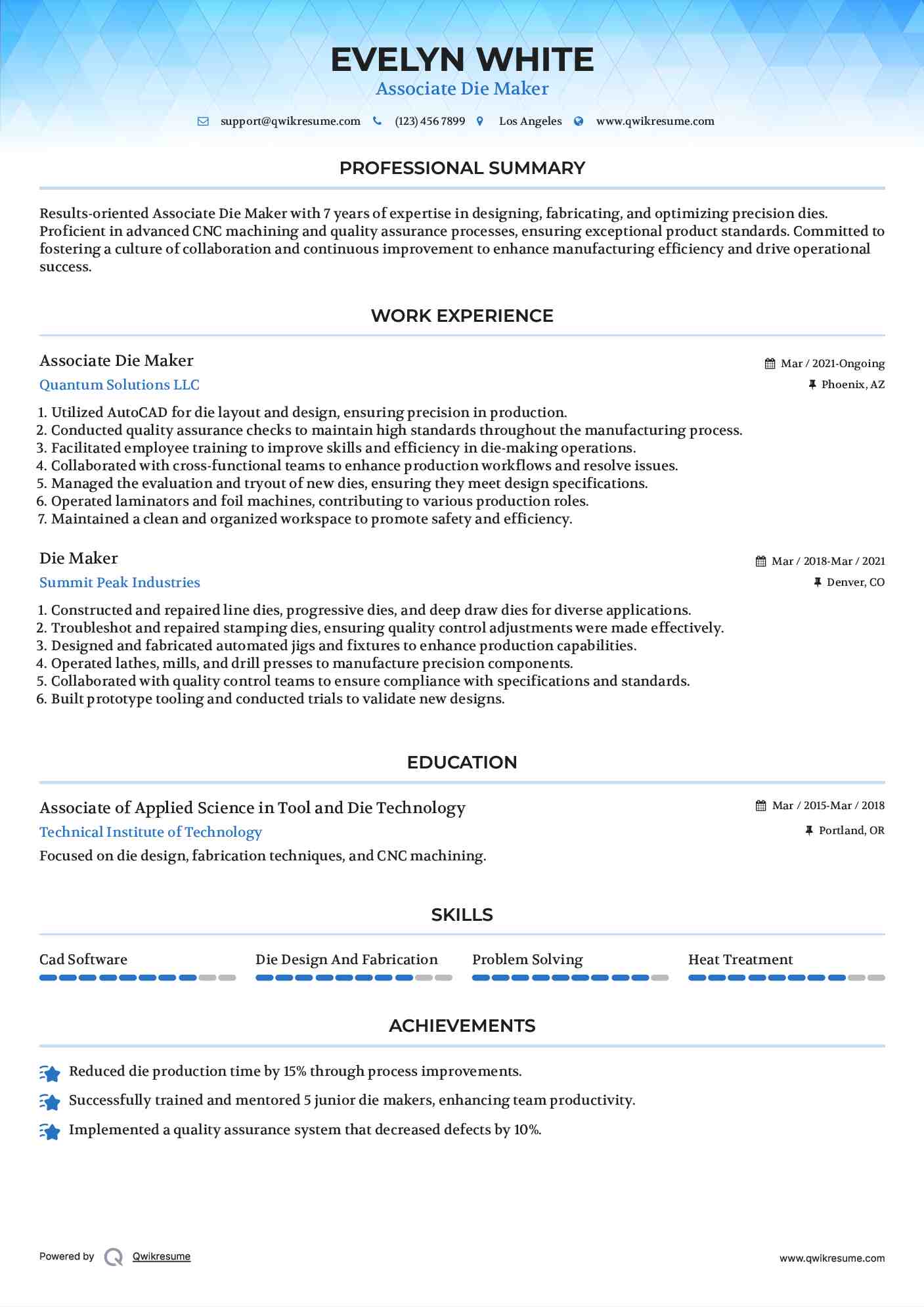Associate Die Maker Resume Sample