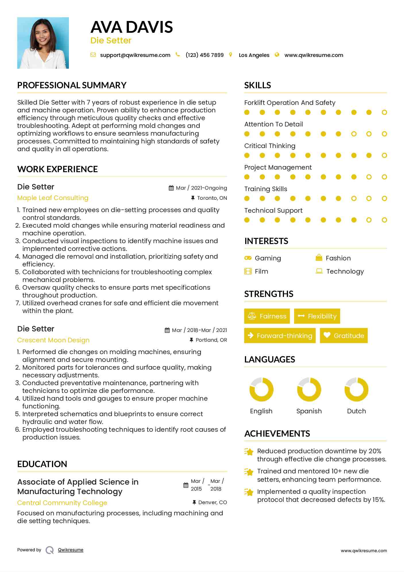 Die Setter Resume Samples QwikResume