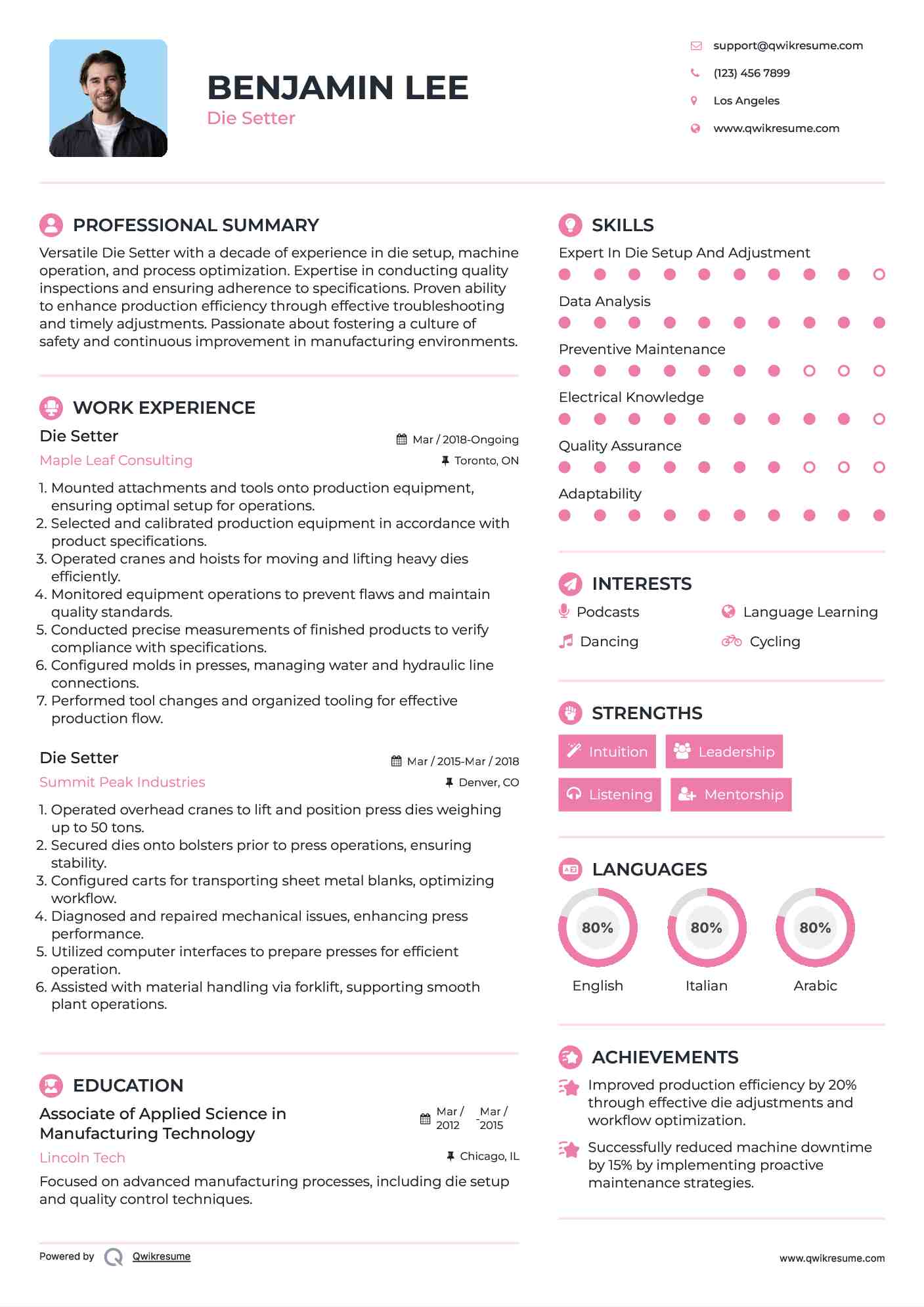 Die Setter Resume Samples QwikResume