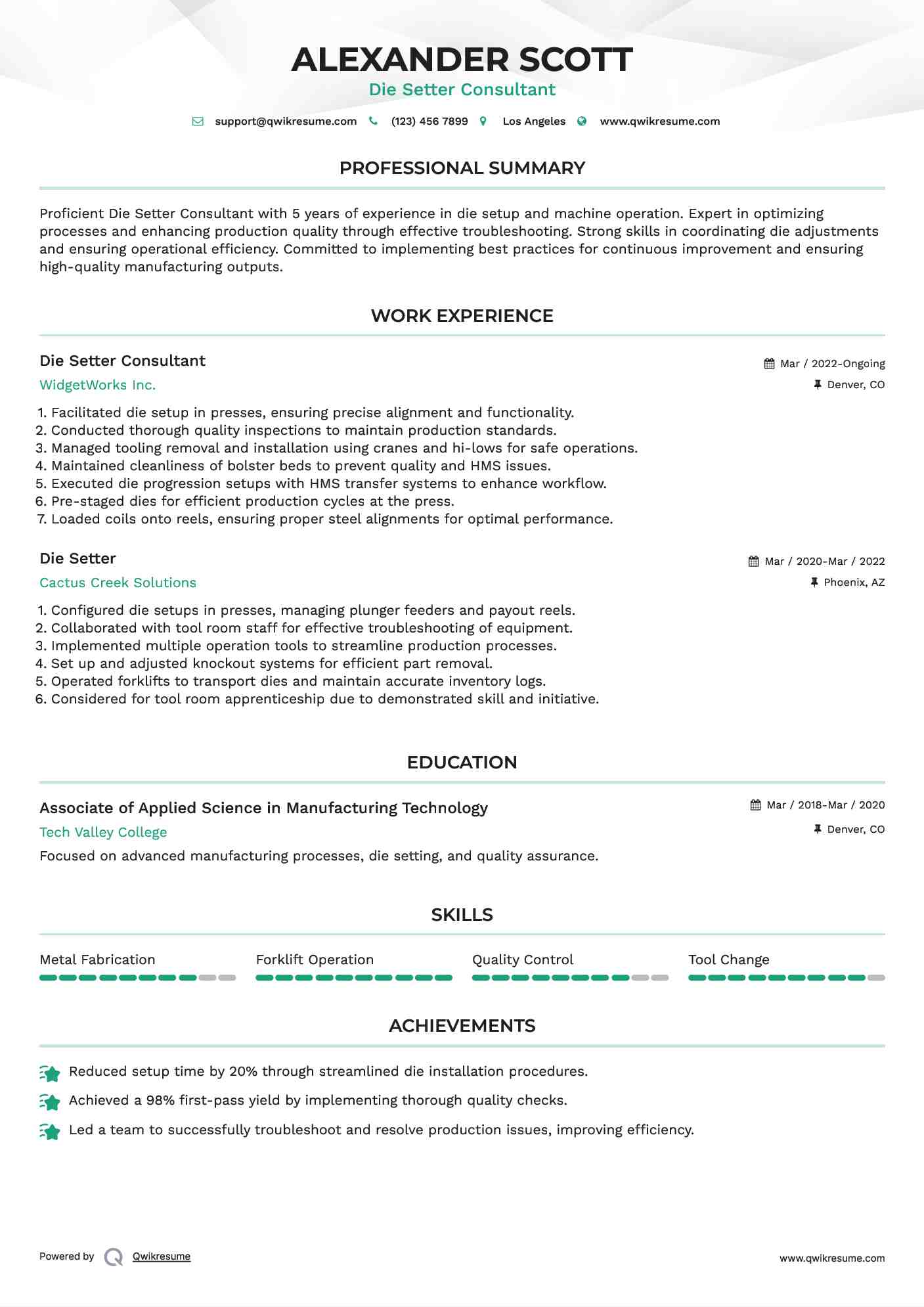 Die Setter Consultant Resume Sample