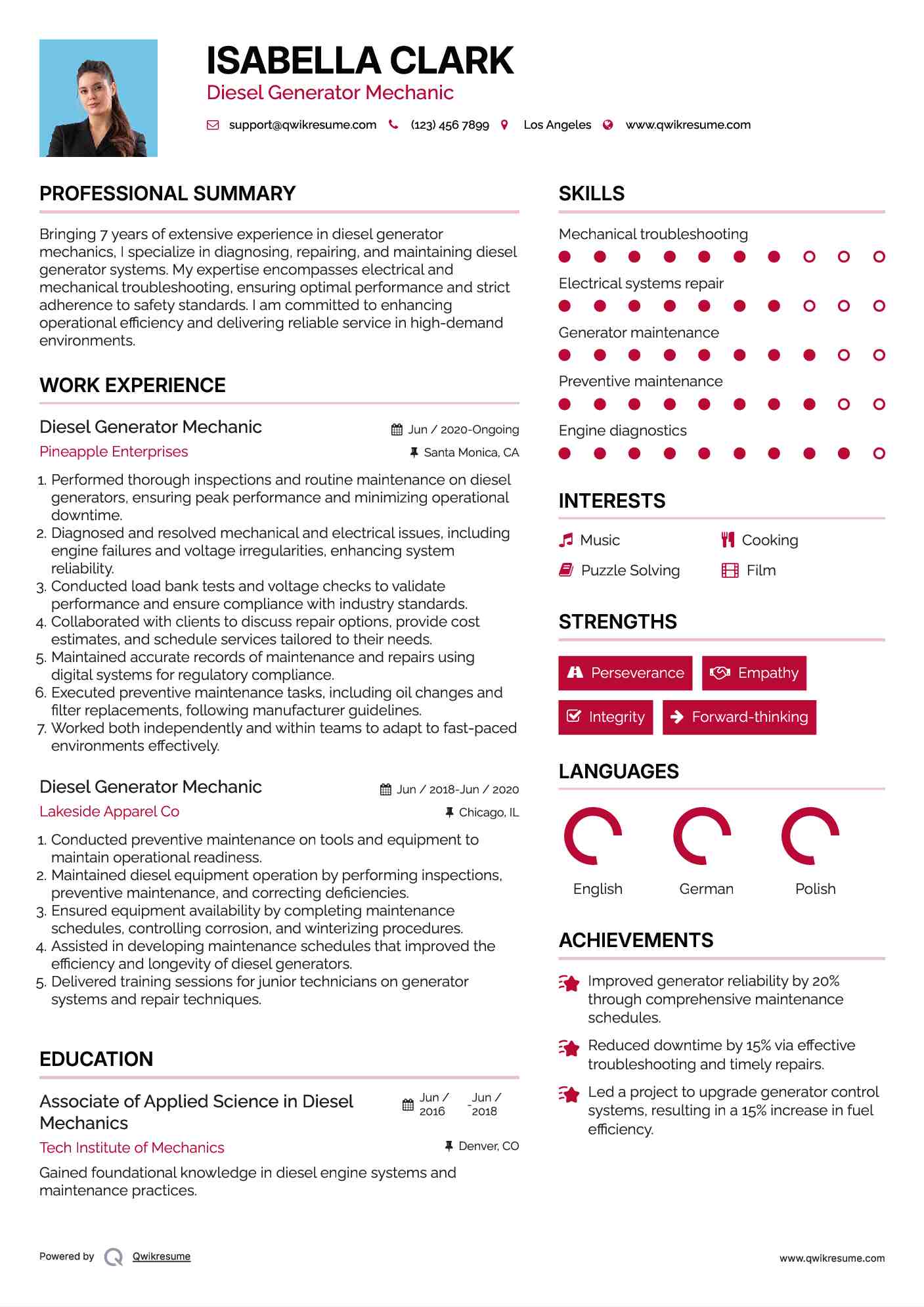 Diesel Generator Mechanic Resume Model
