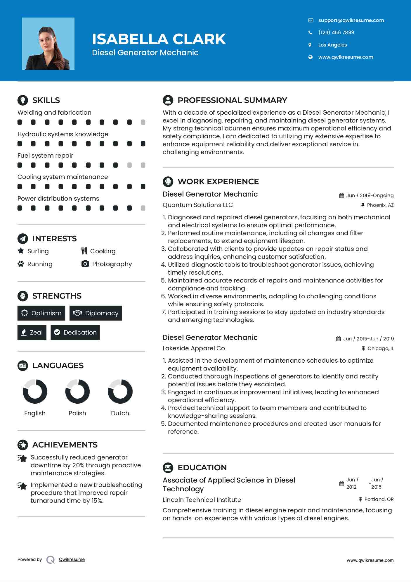 Diesel Generator Mechanic Resume Sample