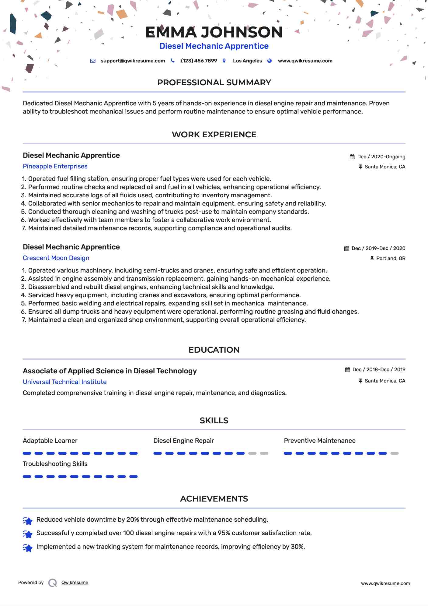 Diesel Mechanic Apprentice Resume Template