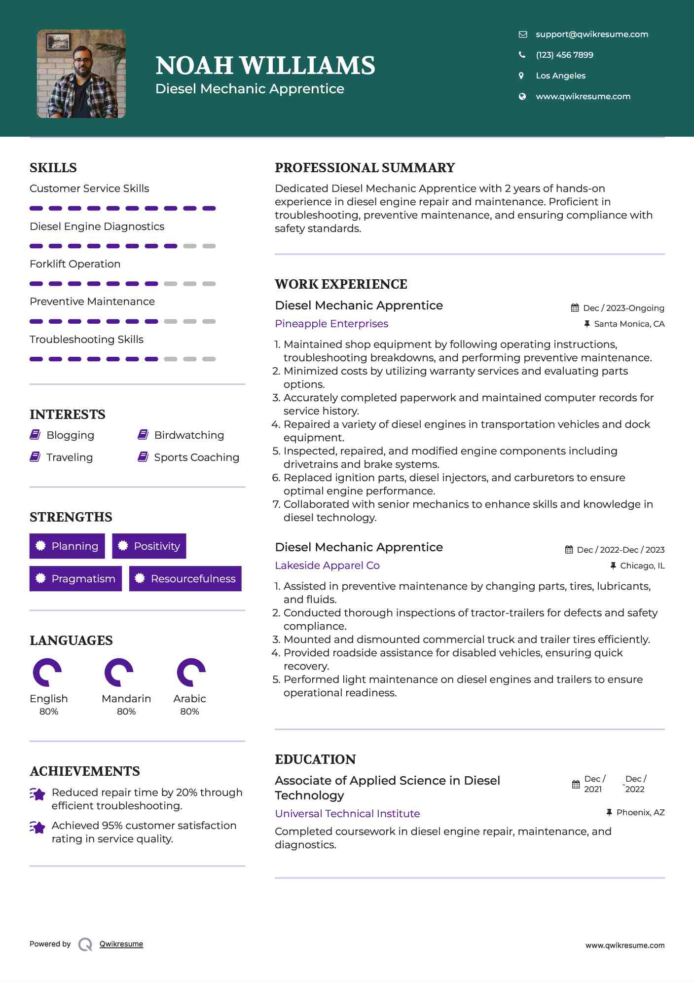 Diesel Mechanic Apprentice Resume Model