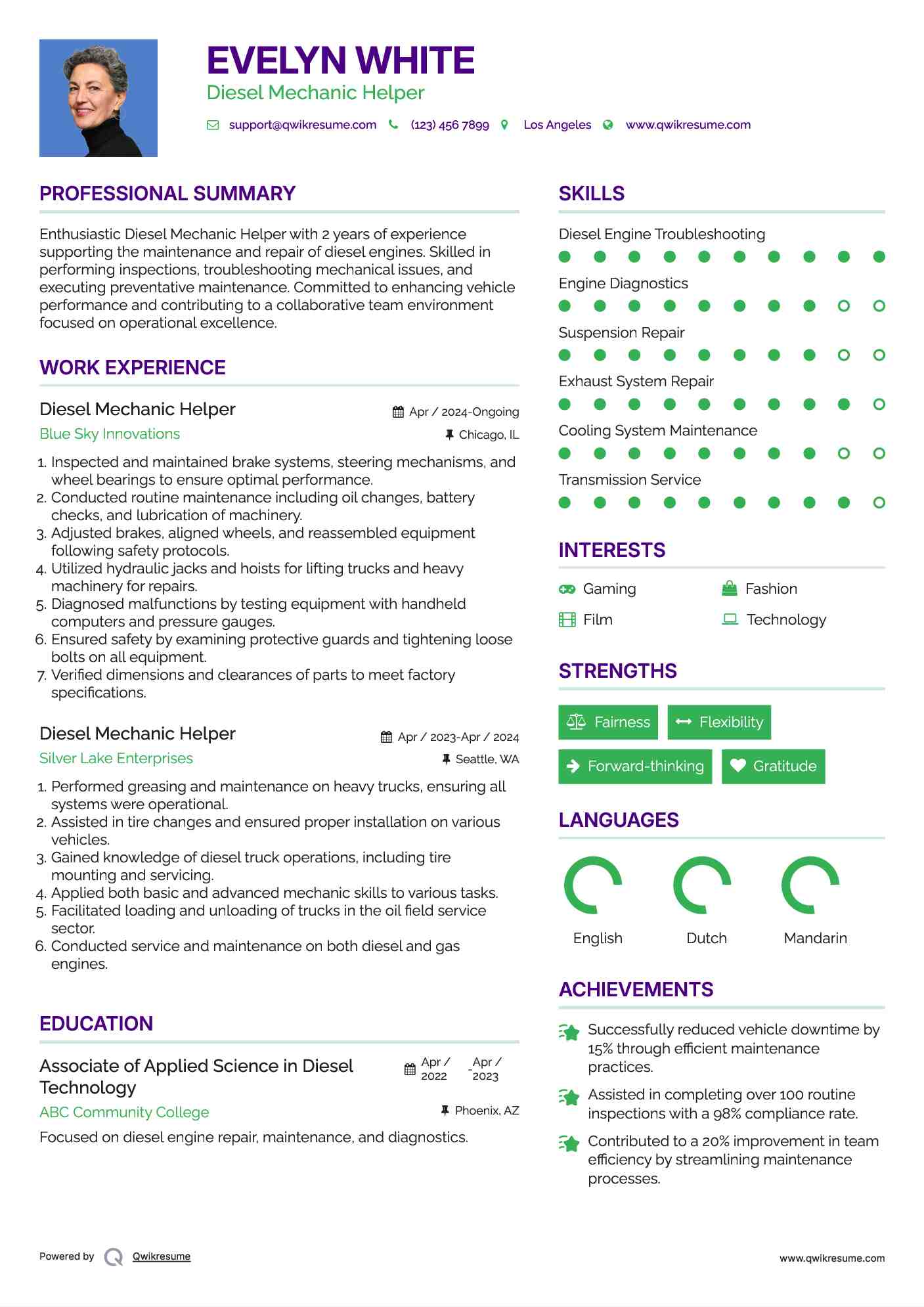Diesel Mechanic Helper Resume Template