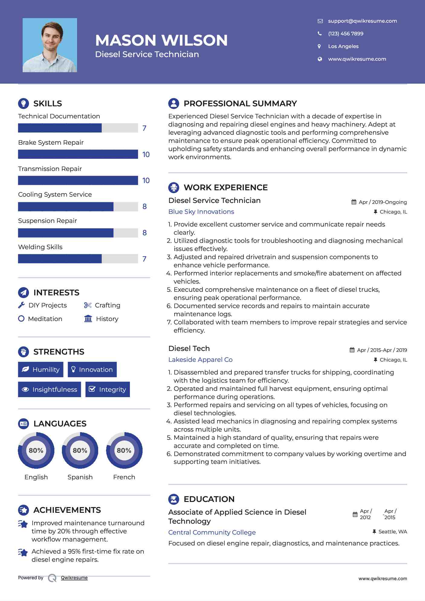 Diesel Service Technician Resume Example