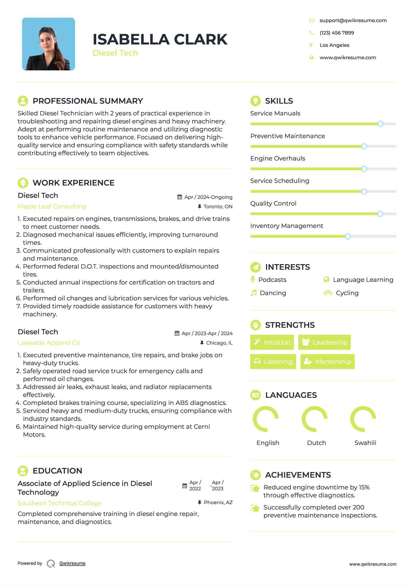 Diesel Tech Resume Sample