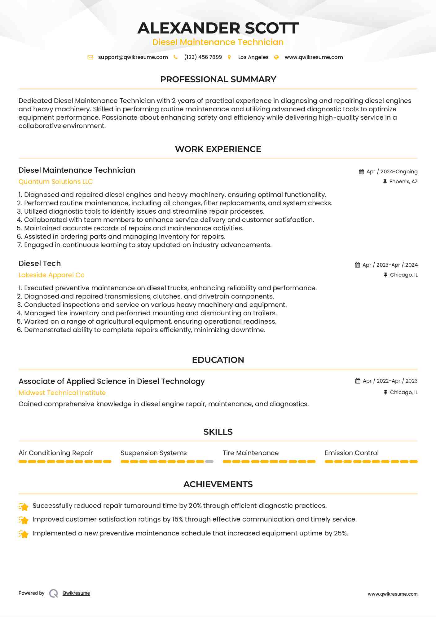 Diesel Maintenance Technician Resume Model