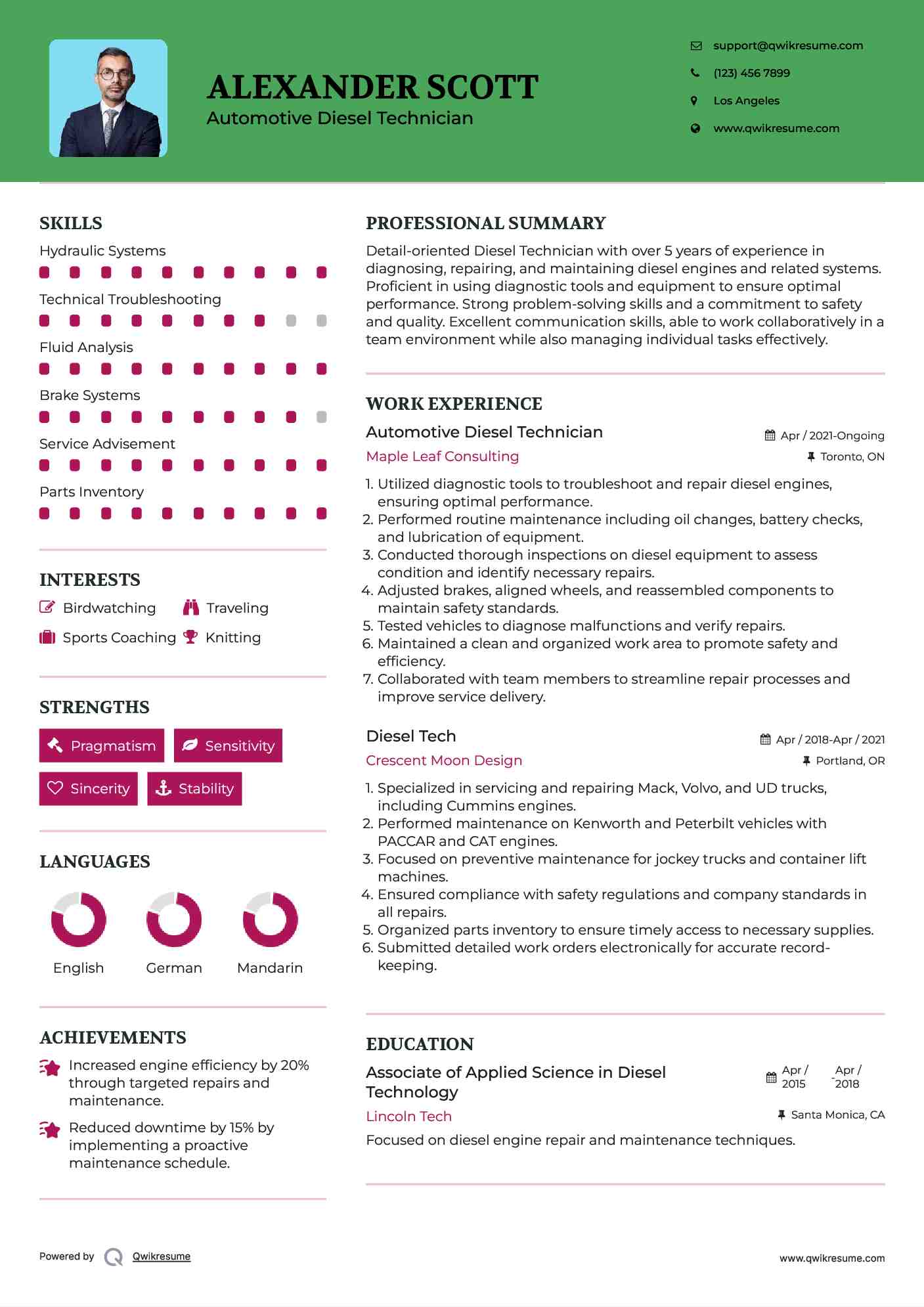 Automotive Diesel Technician Resume Model
