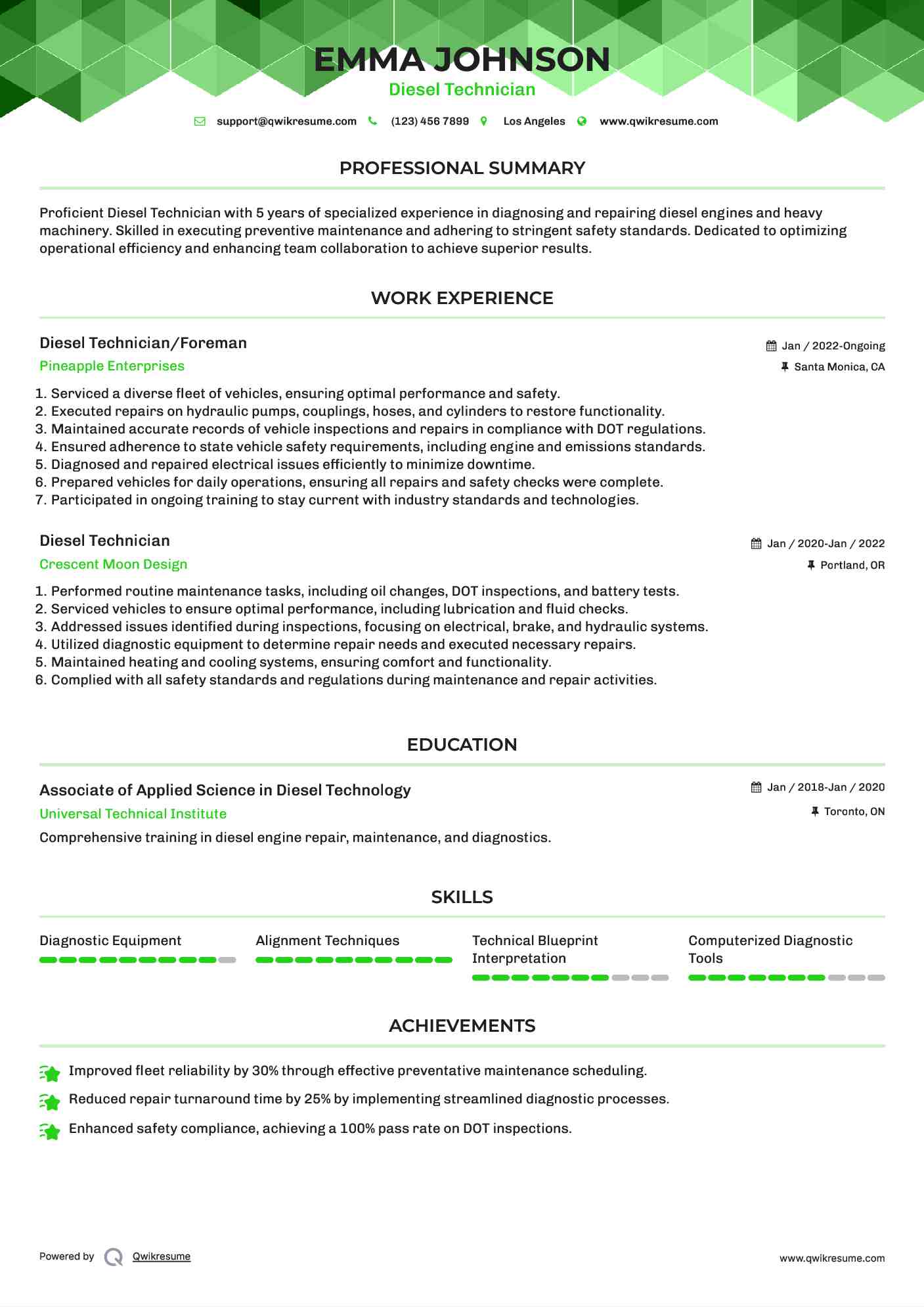 Diesel Technician/Foreman Resume Format