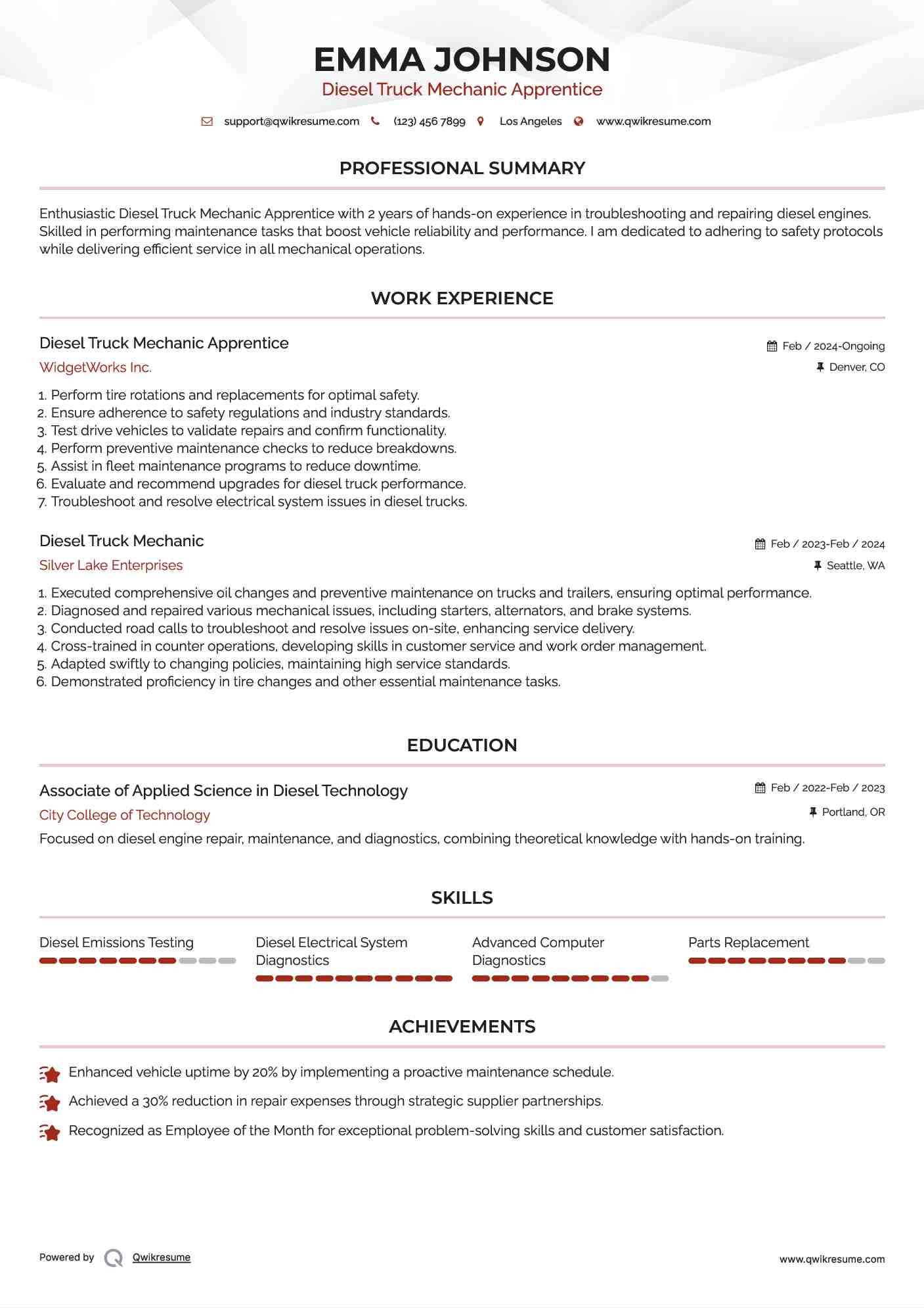 Diesel Truck Mechanic Apprentice Resume Model