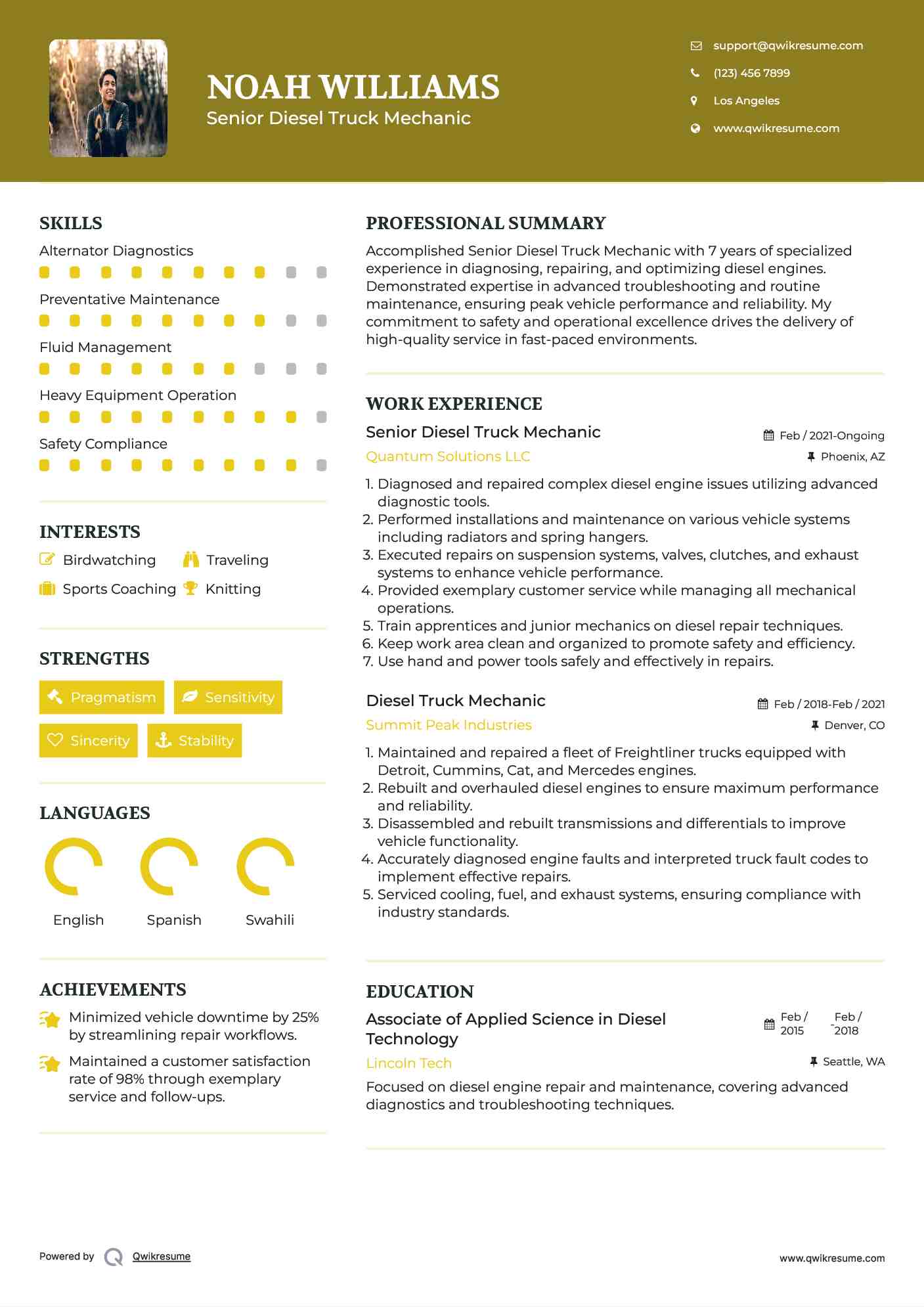 Senior Diesel Truck Mechanic Resume Model