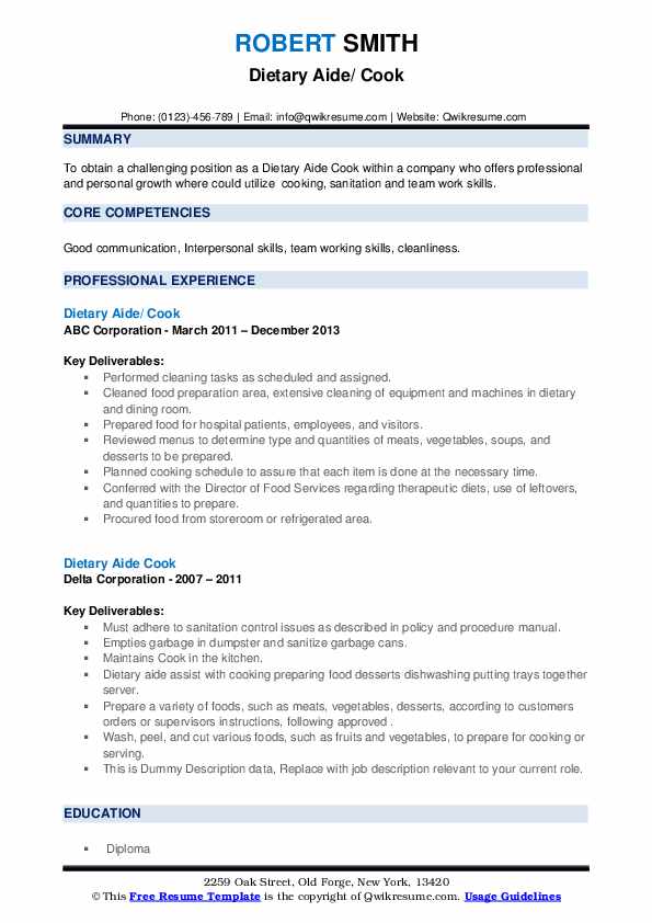 Dietary Aide Cook Resume Samples - Dietary Aide Cook 1593675363 Pdf 