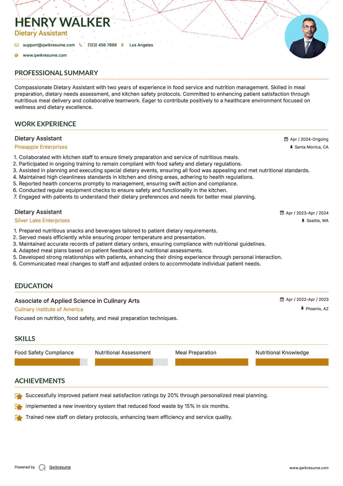 Dietary Assistant Resume Format
