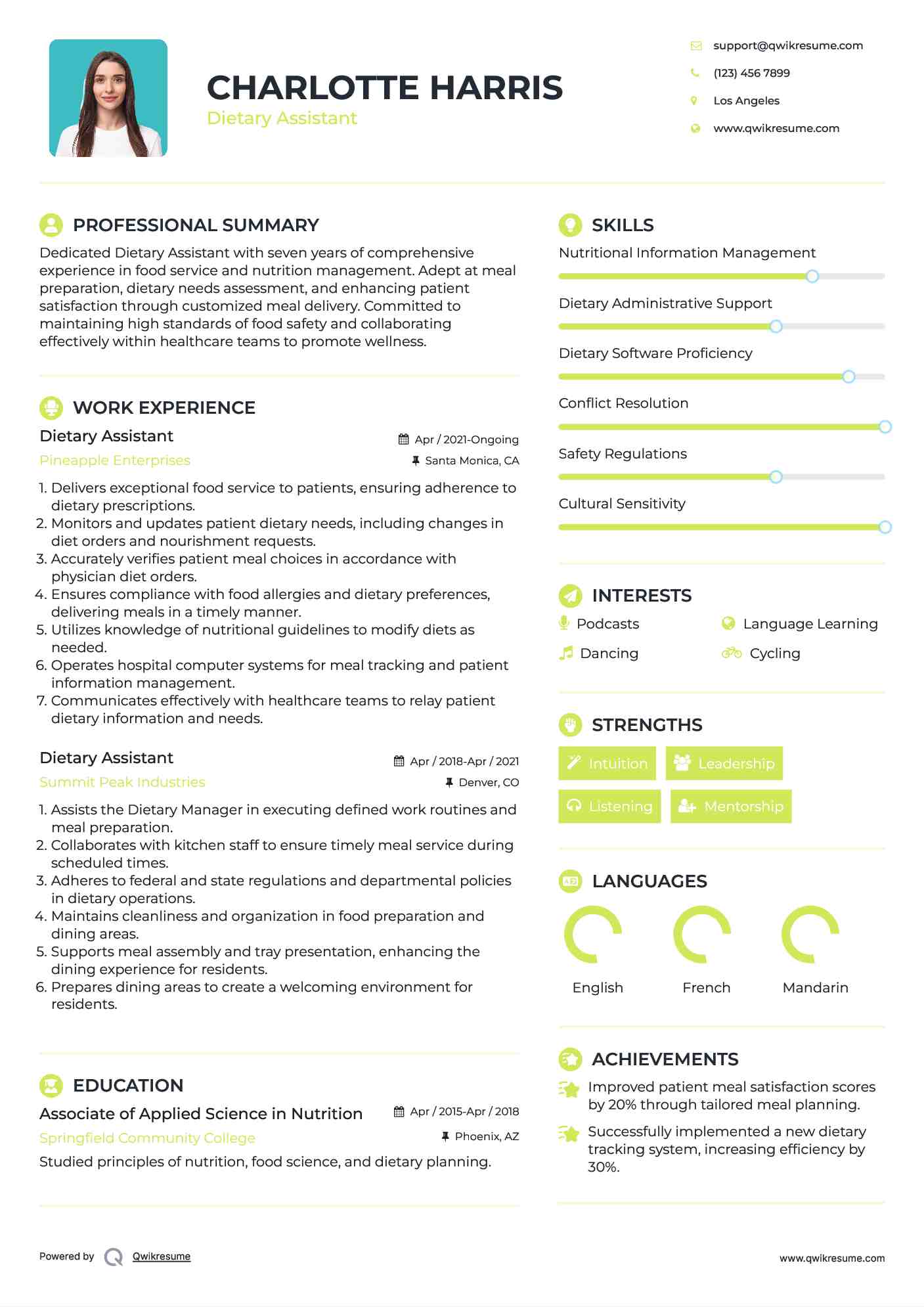 Dietary Assistant Resume Format