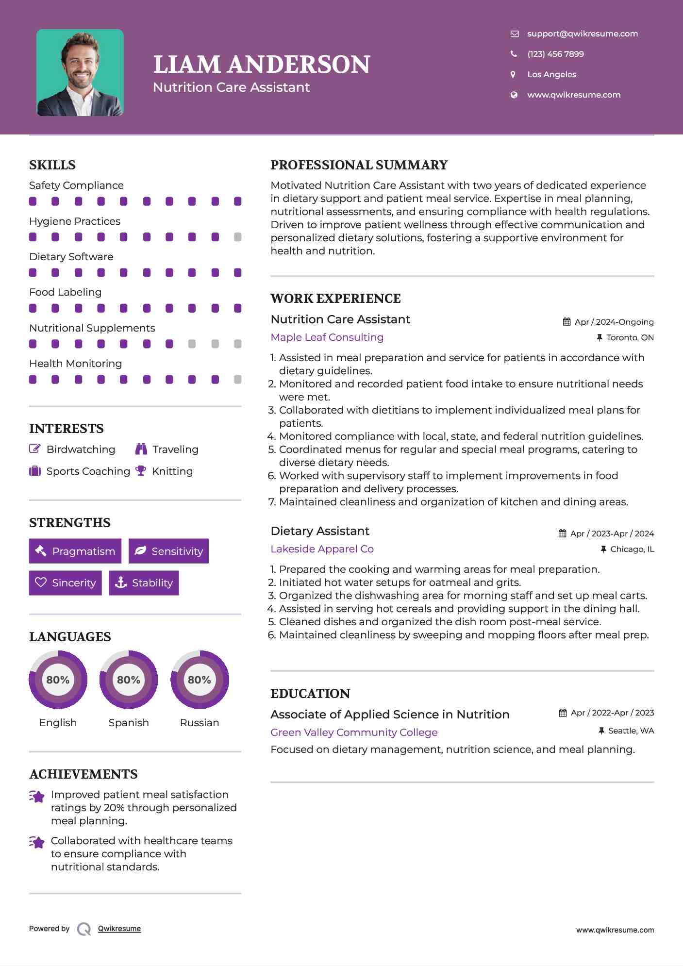 Nutrition Care Assistant Resume Sample