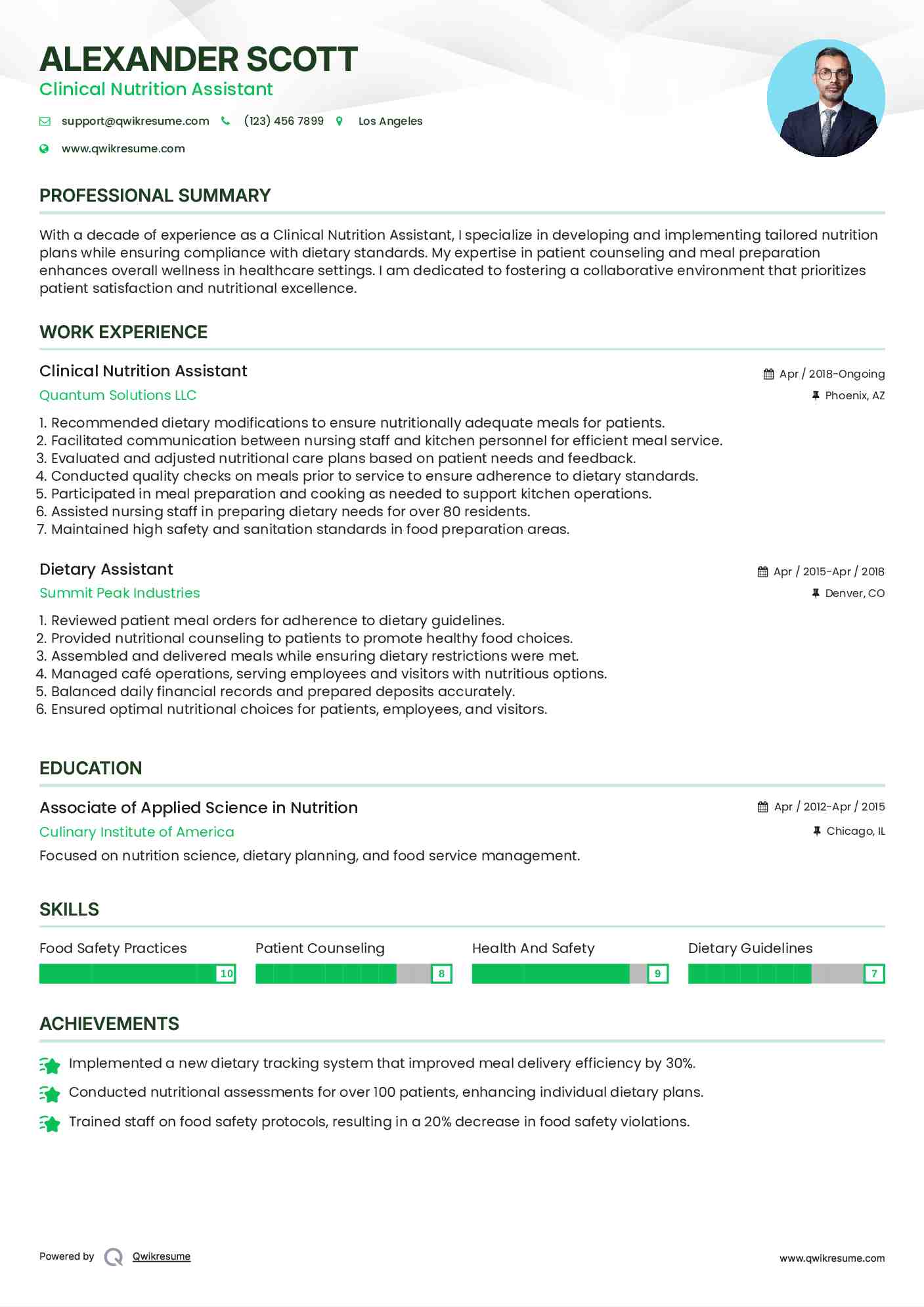 Clinical Nutrition Assistant Resume Sample