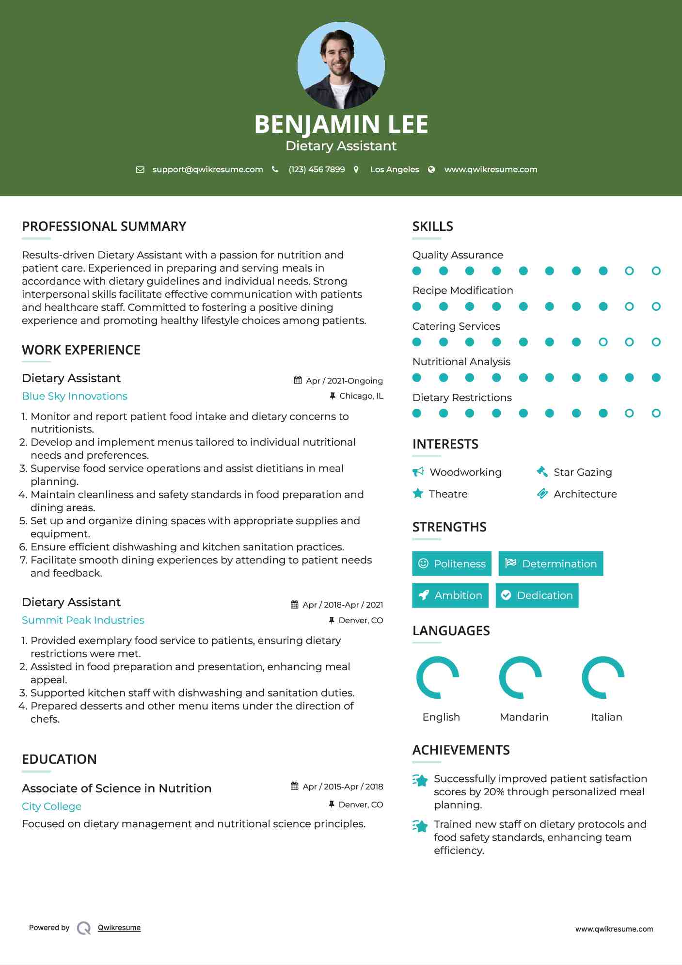 Dietary Assistant Resume Example