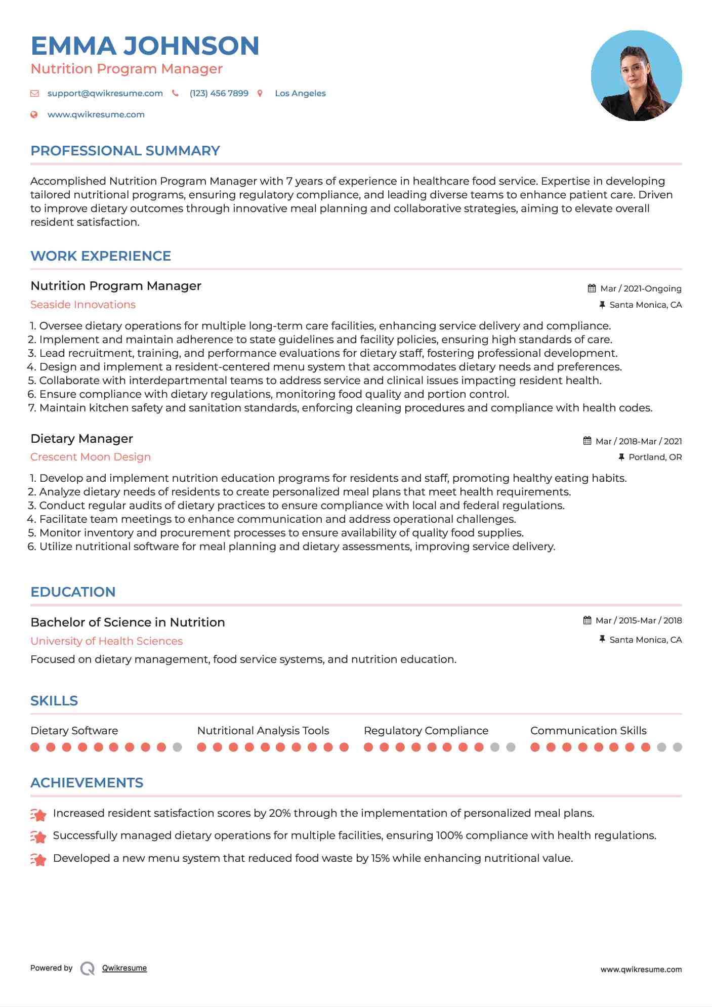 Nutrition Program Manager Resume Template