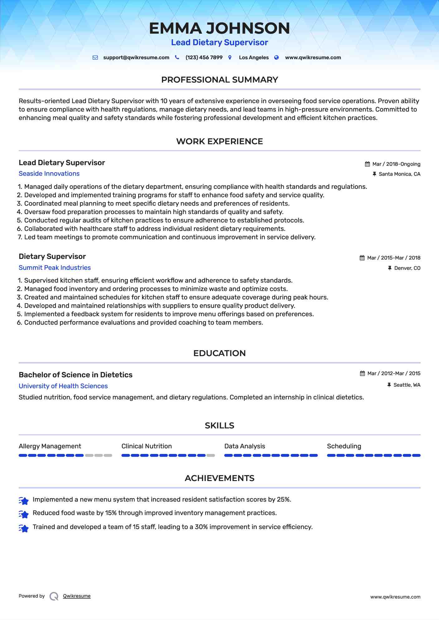 Lead Dietary Supervisor Resume Example